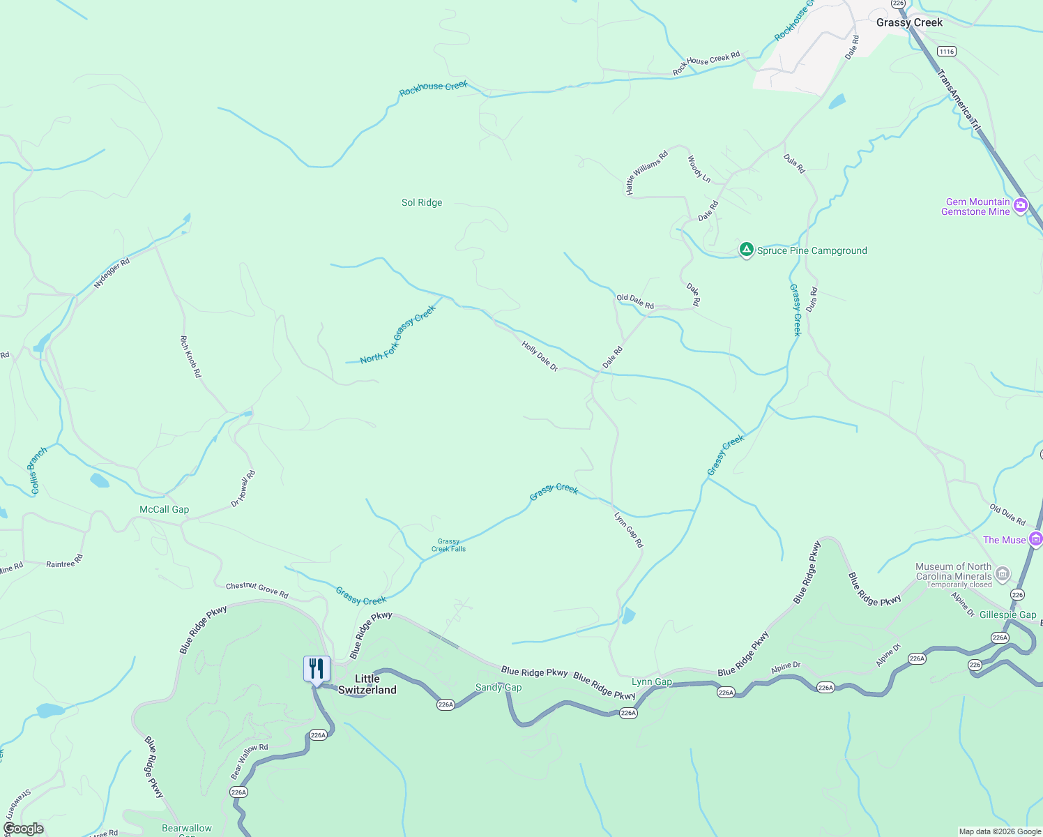 map of restaurants, bars, coffee shops, grocery stores, and more near 312 Bern Via in Spruce Pine