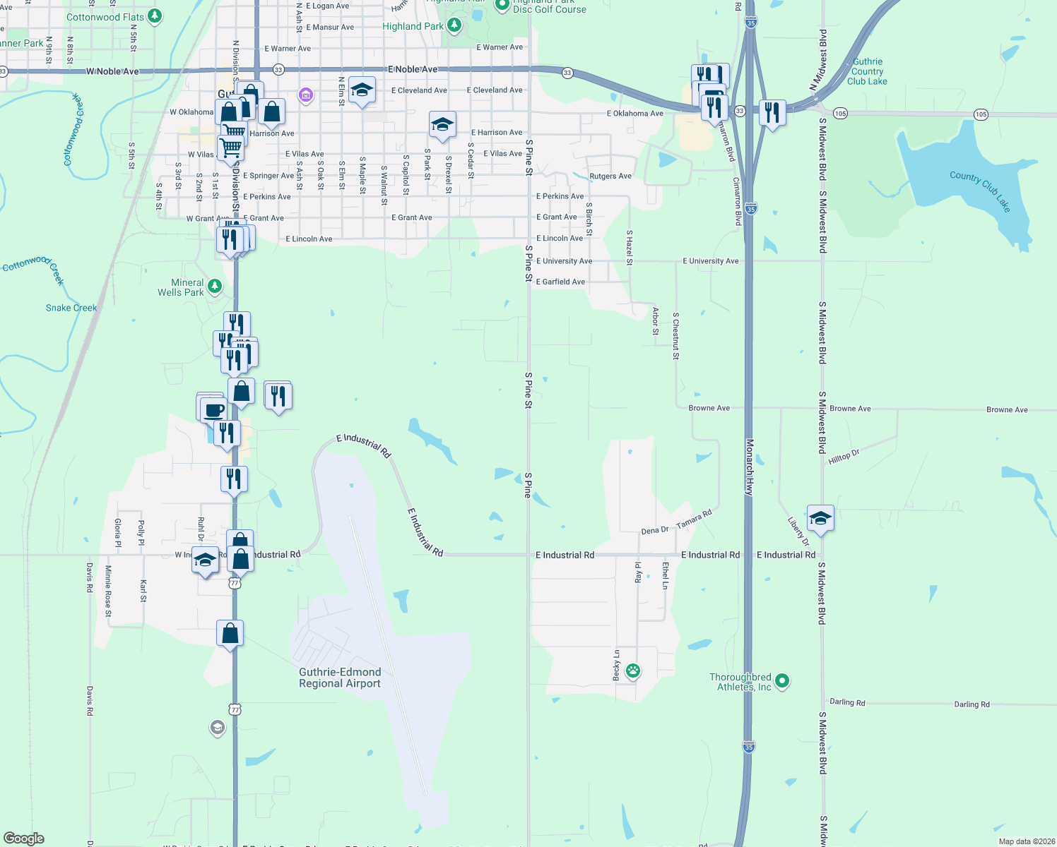 map of restaurants, bars, coffee shops, grocery stores, and more near South Pine in Guthrie