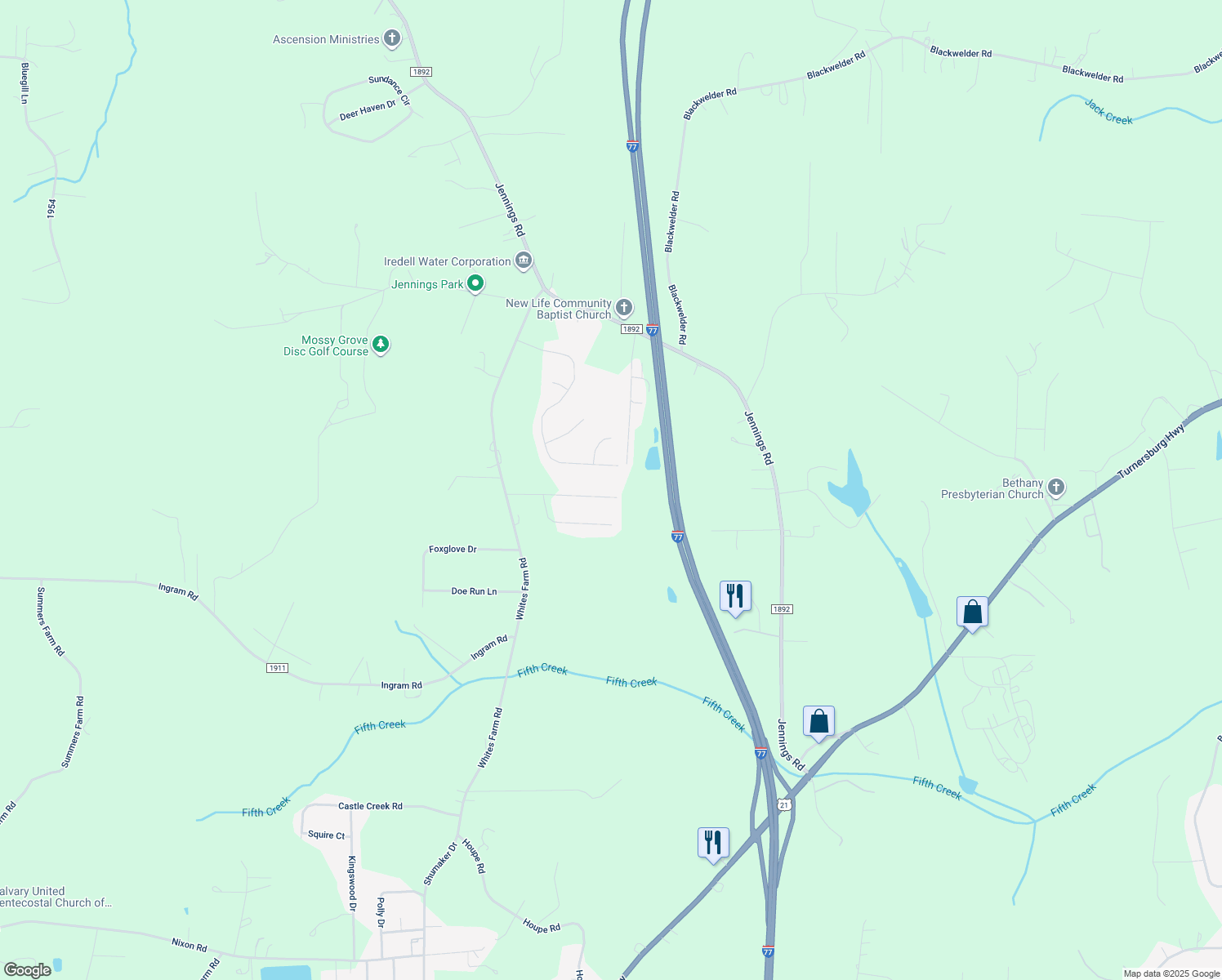 map of restaurants, bars, coffee shops, grocery stores, and more near 181 Saddlewood Lane in Statesville