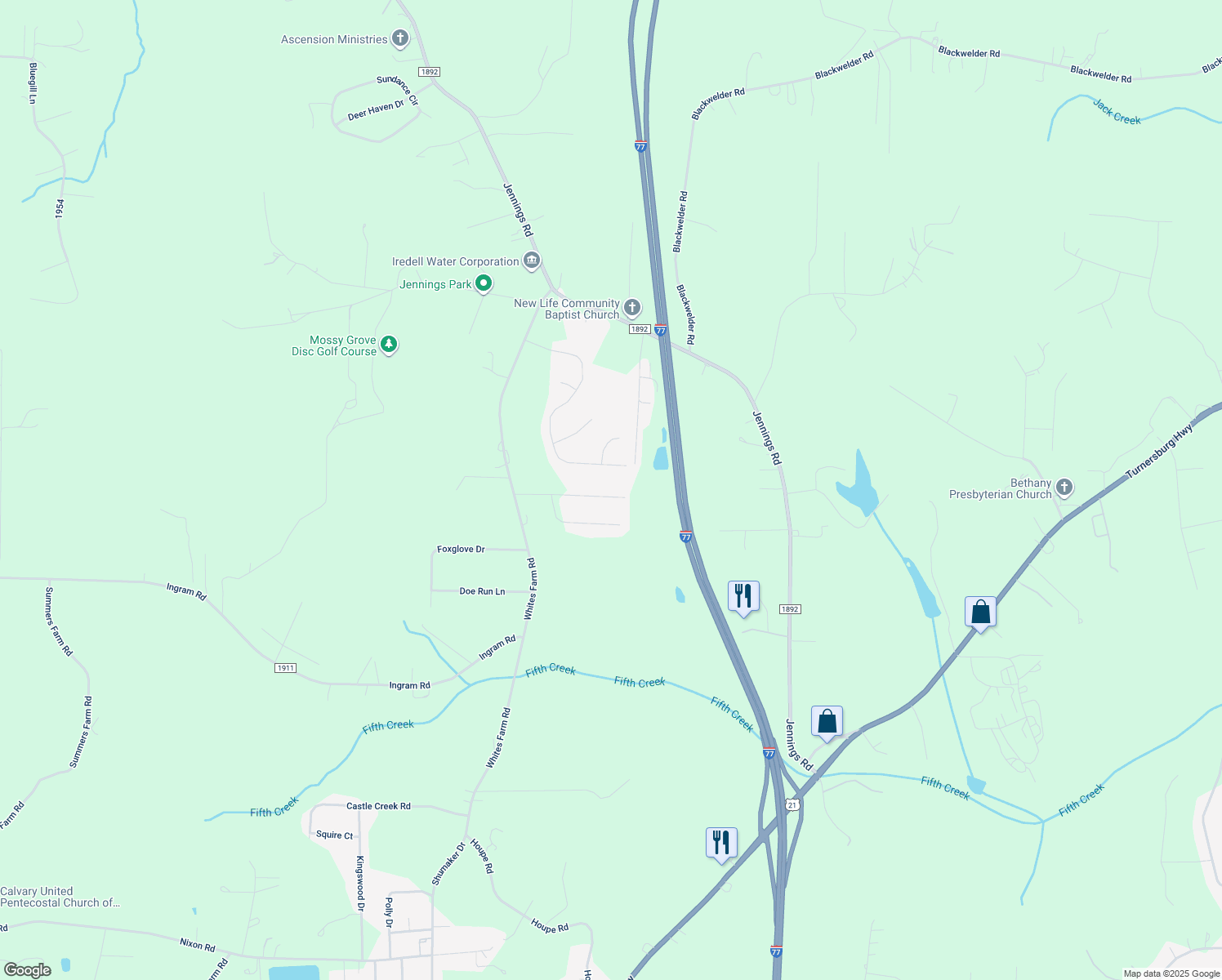 map of restaurants, bars, coffee shops, grocery stores, and more near 175 Saddlewood Lane in Statesville