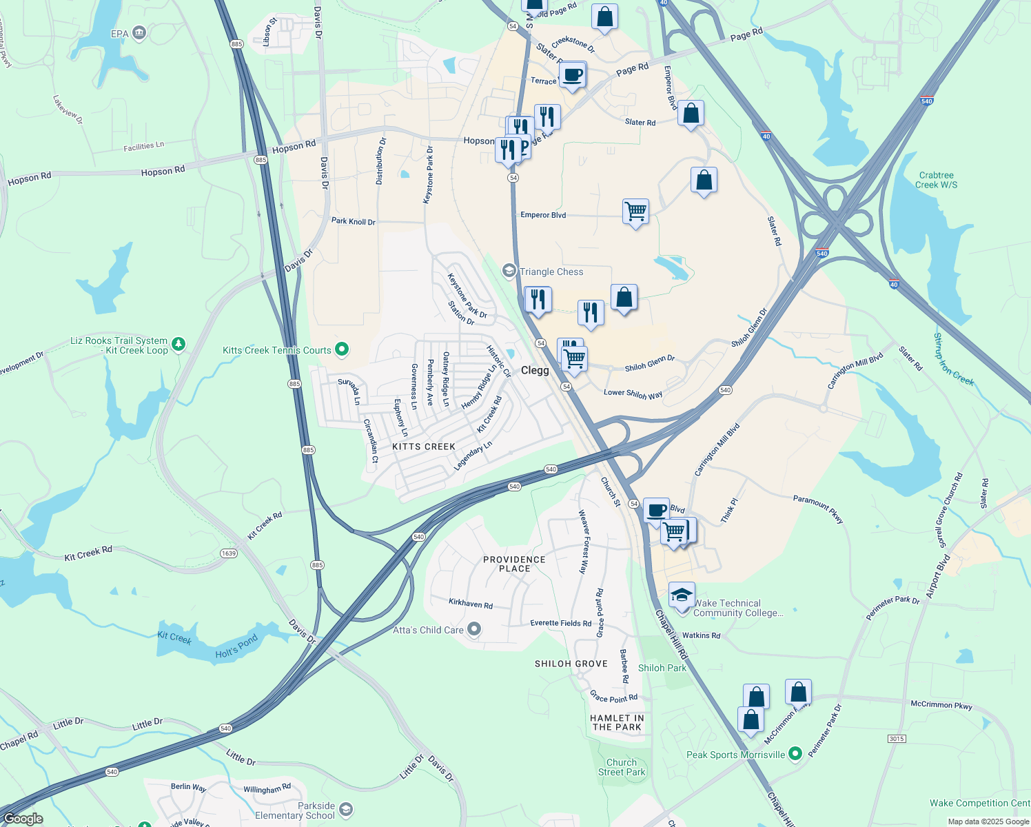 map of restaurants, bars, coffee shops, grocery stores, and more near 1329 Legendary Lane in Morrisville