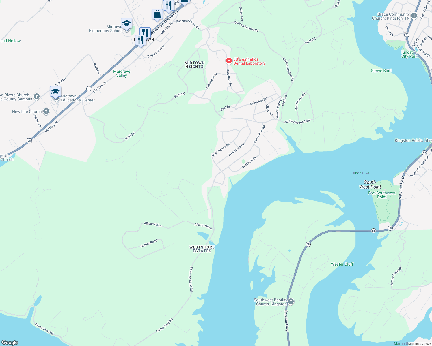 map of restaurants, bars, coffee shops, grocery stores, and more near 510 Bowman Bend Rd in Harriman