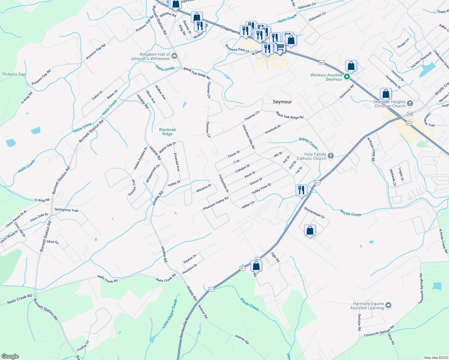 map of restaurants, bars, coffee shops, grocery stores, and more near 637 Catalpa Street in Seymour