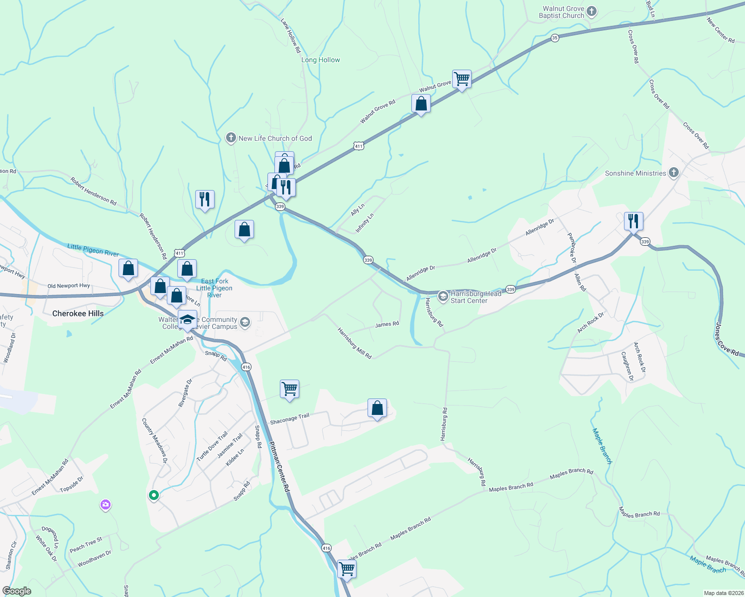 map of restaurants, bars, coffee shops, grocery stores, and more near 1812 Edward Drive in Sevierville