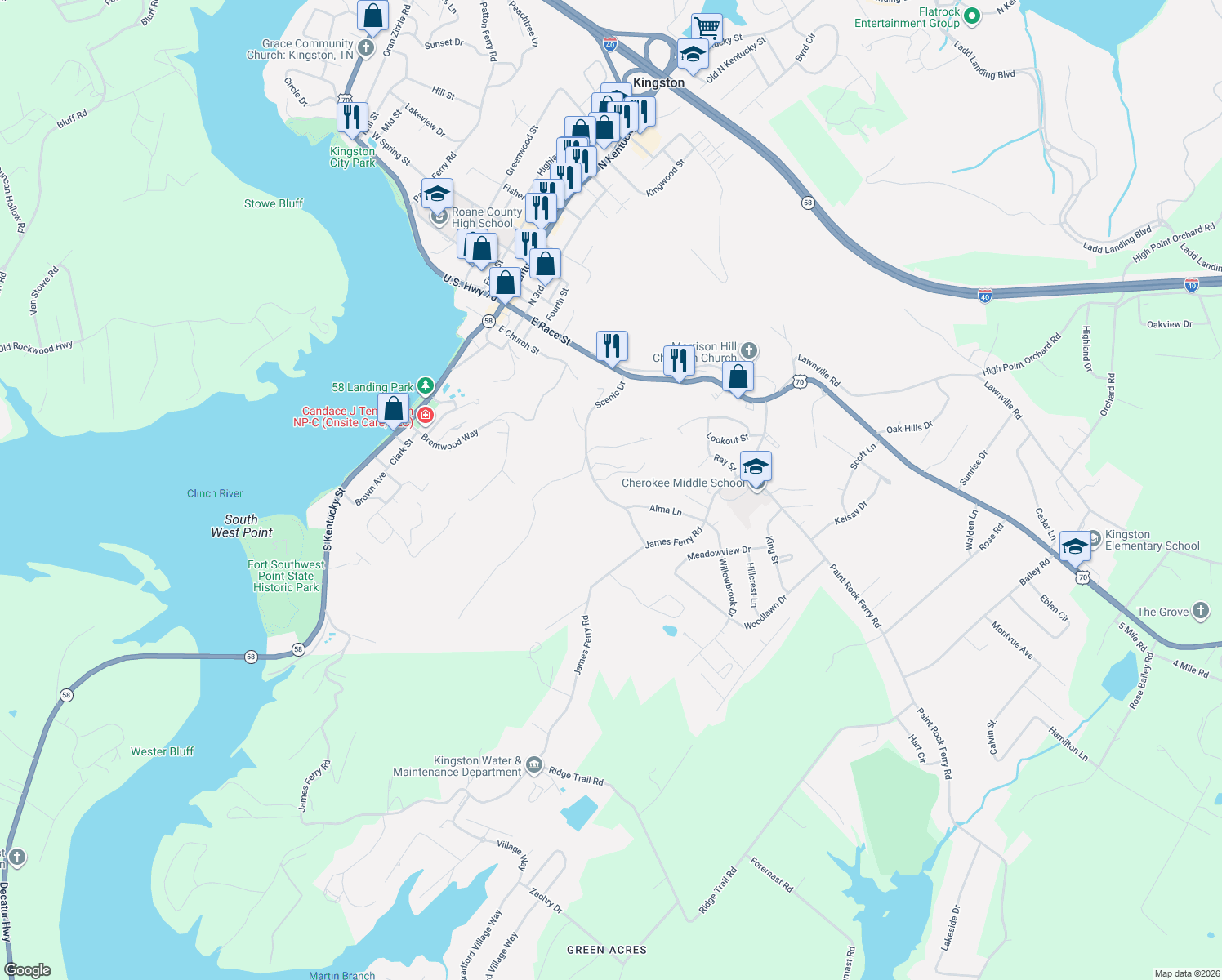 map of restaurants, bars, coffee shops, grocery stores, and more near 610 Scenic Drive in Kingston