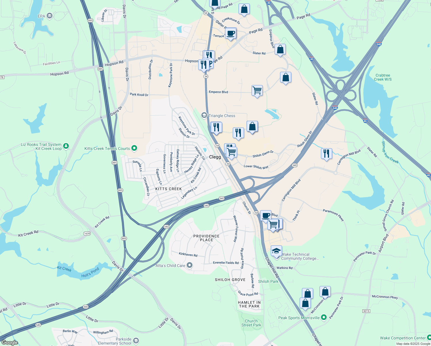 map of restaurants, bars, coffee shops, grocery stores, and more near 1052 Historic Circle in Morrisville