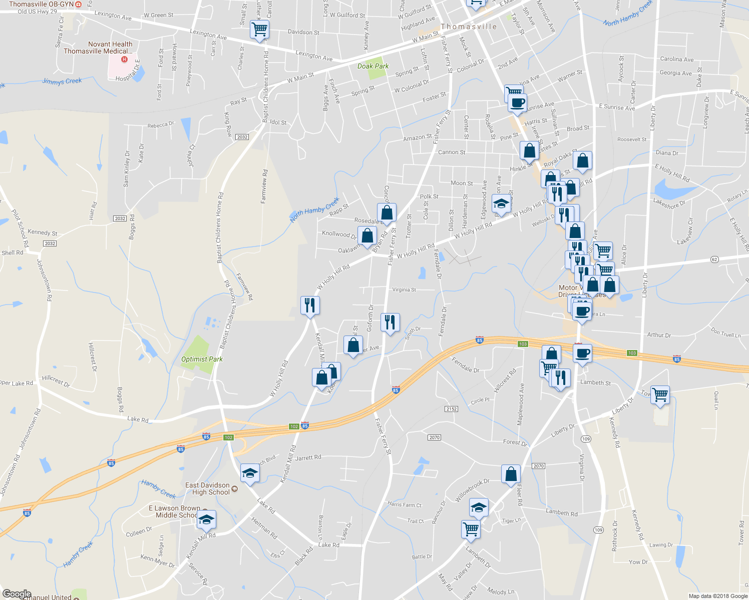 map of restaurants, bars, coffee shops, grocery stores, and more near 109 Goforth Drive in Thomasville