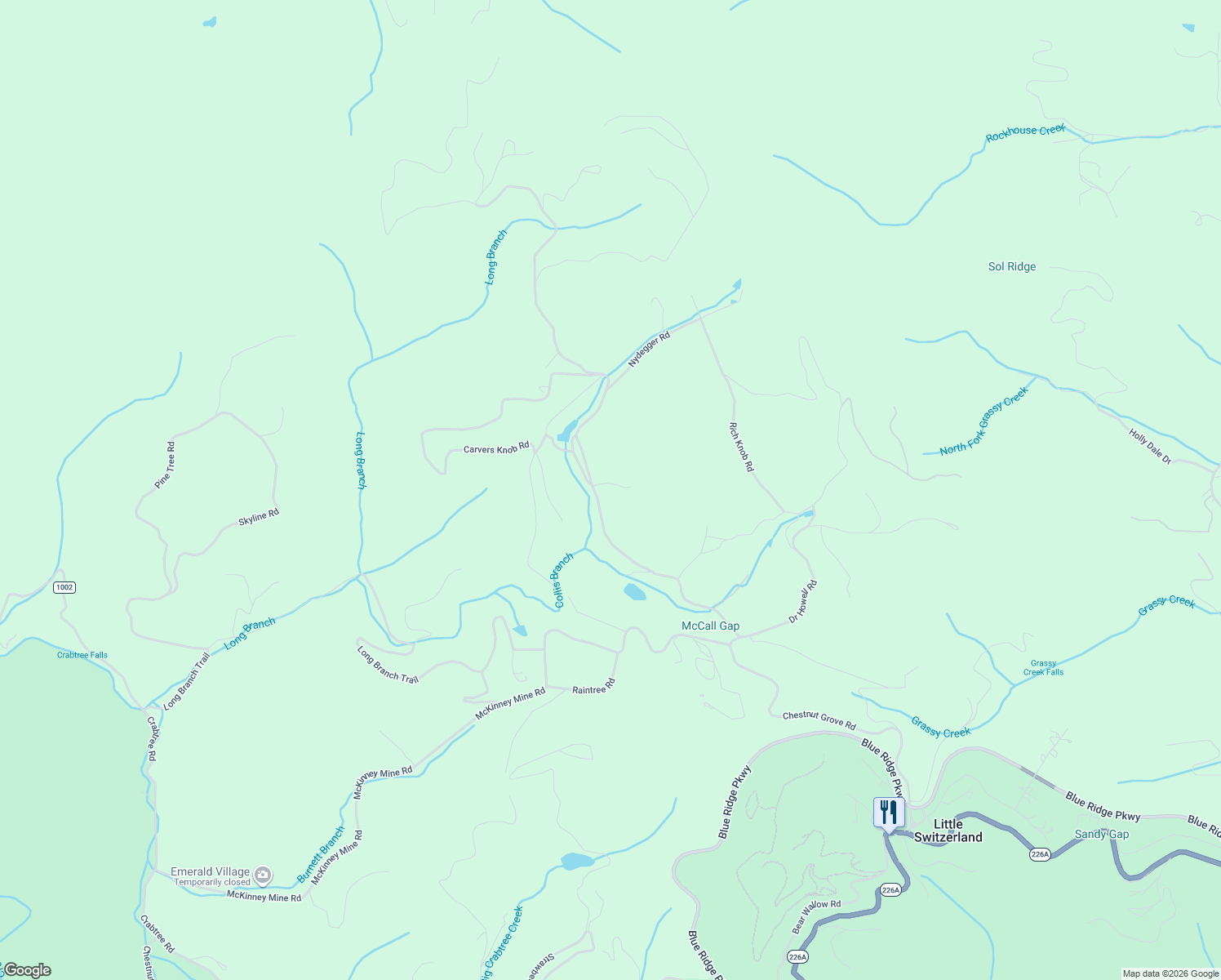 map of restaurants, bars, coffee shops, grocery stores, and more near 46 Tree Farm Road in Spruce Pine