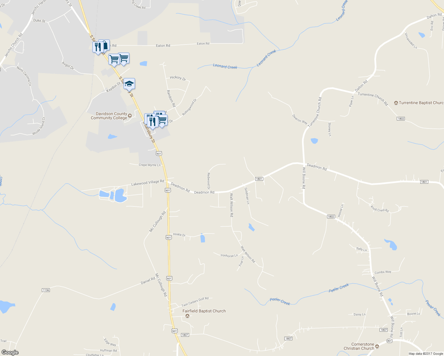 map of restaurants, bars, coffee shops, grocery stores, and more near 190 Redwood Drive in Mocksville