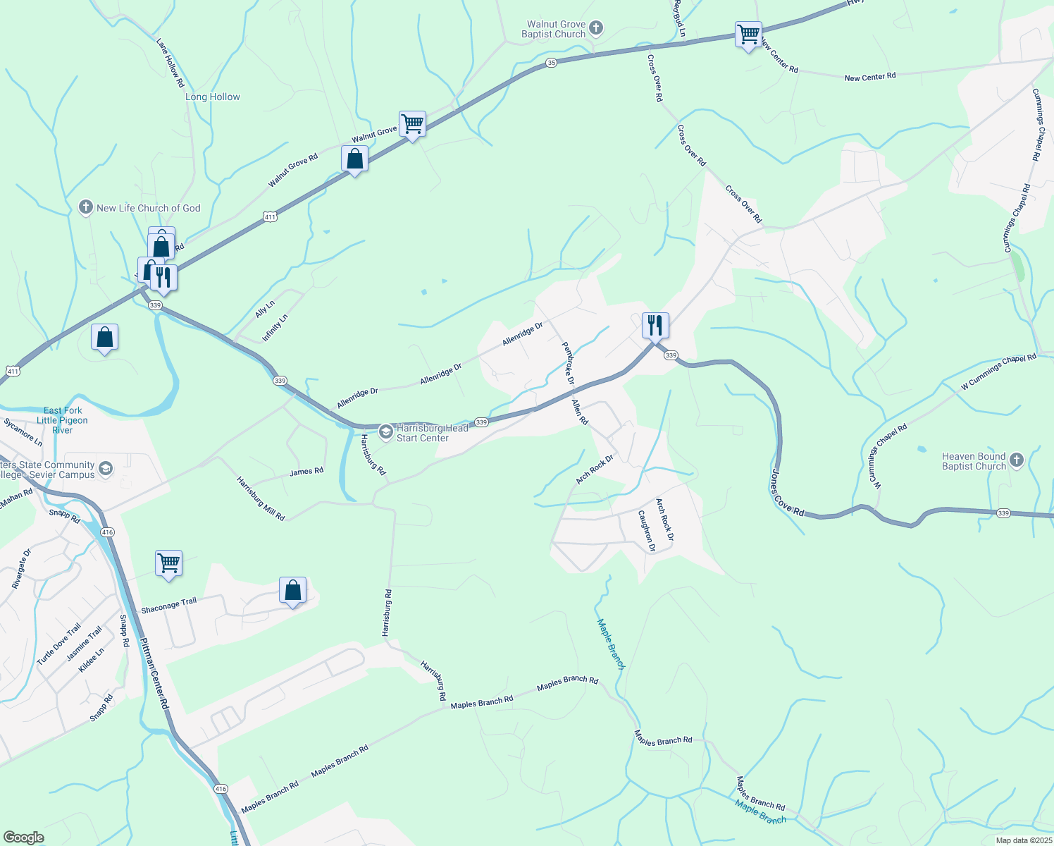 map of restaurants, bars, coffee shops, grocery stores, and more near 565 Old Covered Bridge Road in Sevierville