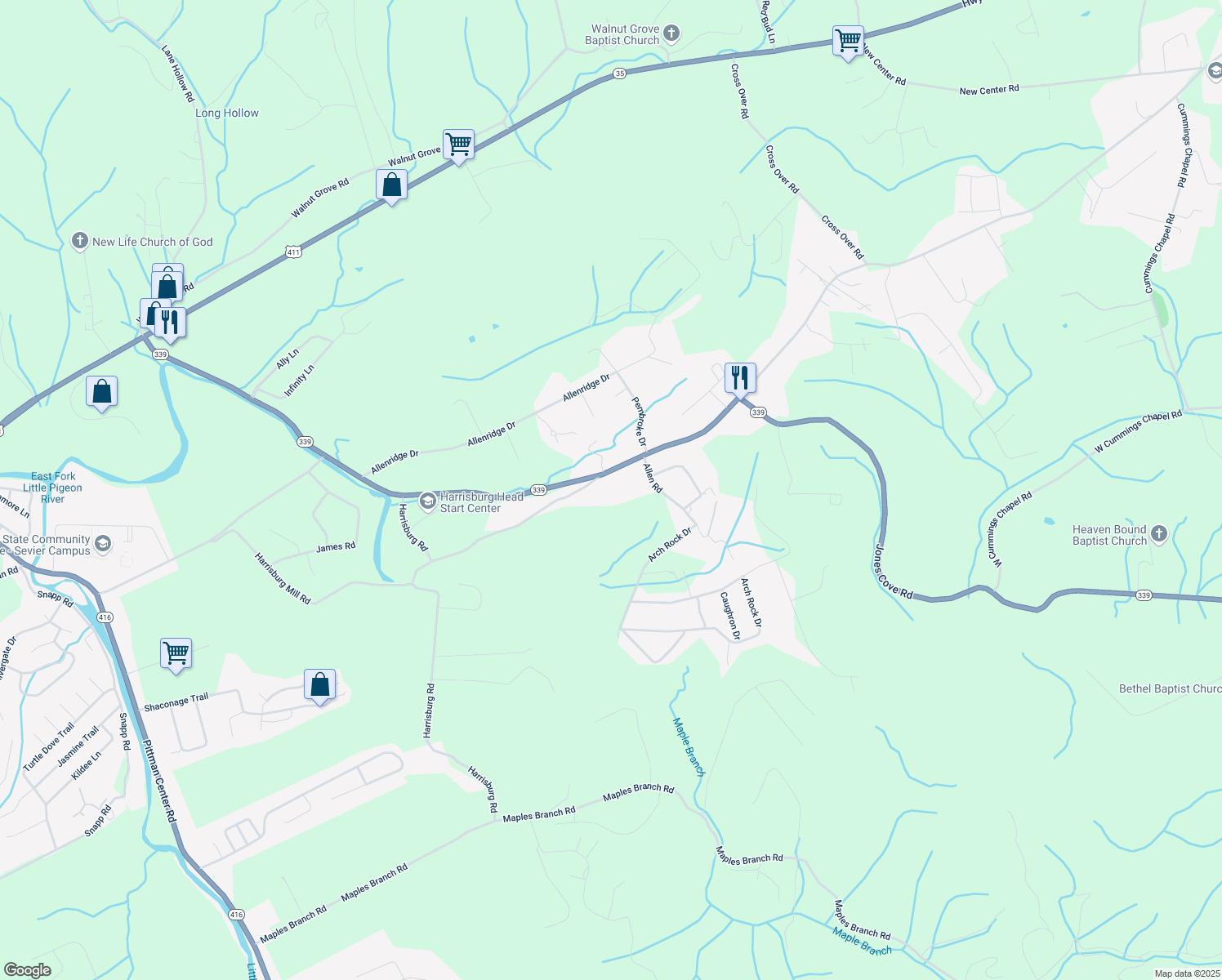 map of restaurants, bars, coffee shops, grocery stores, and more near 565 Old Covered Bridge Road in Sevierville