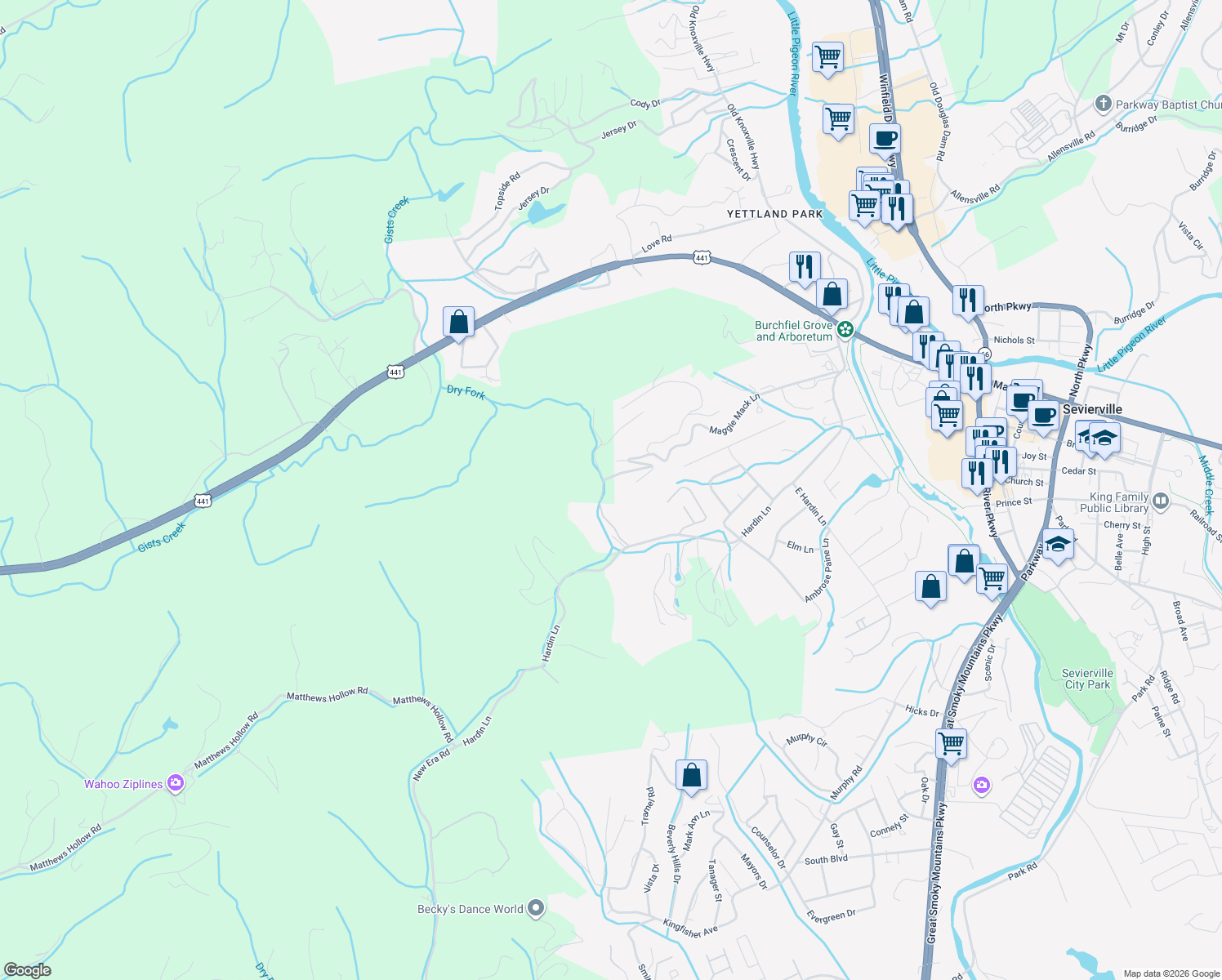 map of restaurants, bars, coffee shops, grocery stores, and more near 859 Cabin Creek Way in Sevierville