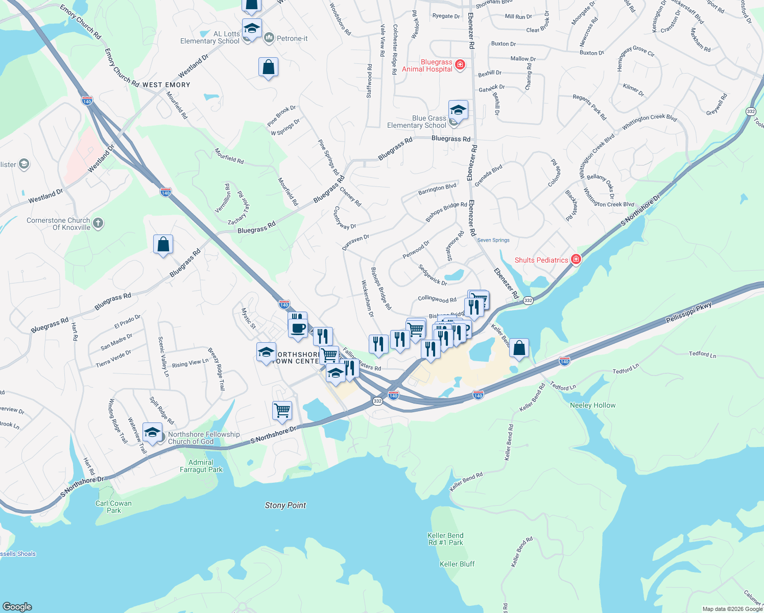map of restaurants, bars, coffee shops, grocery stores, and more near 2114 Bishops Bridge Rd in Knoxville