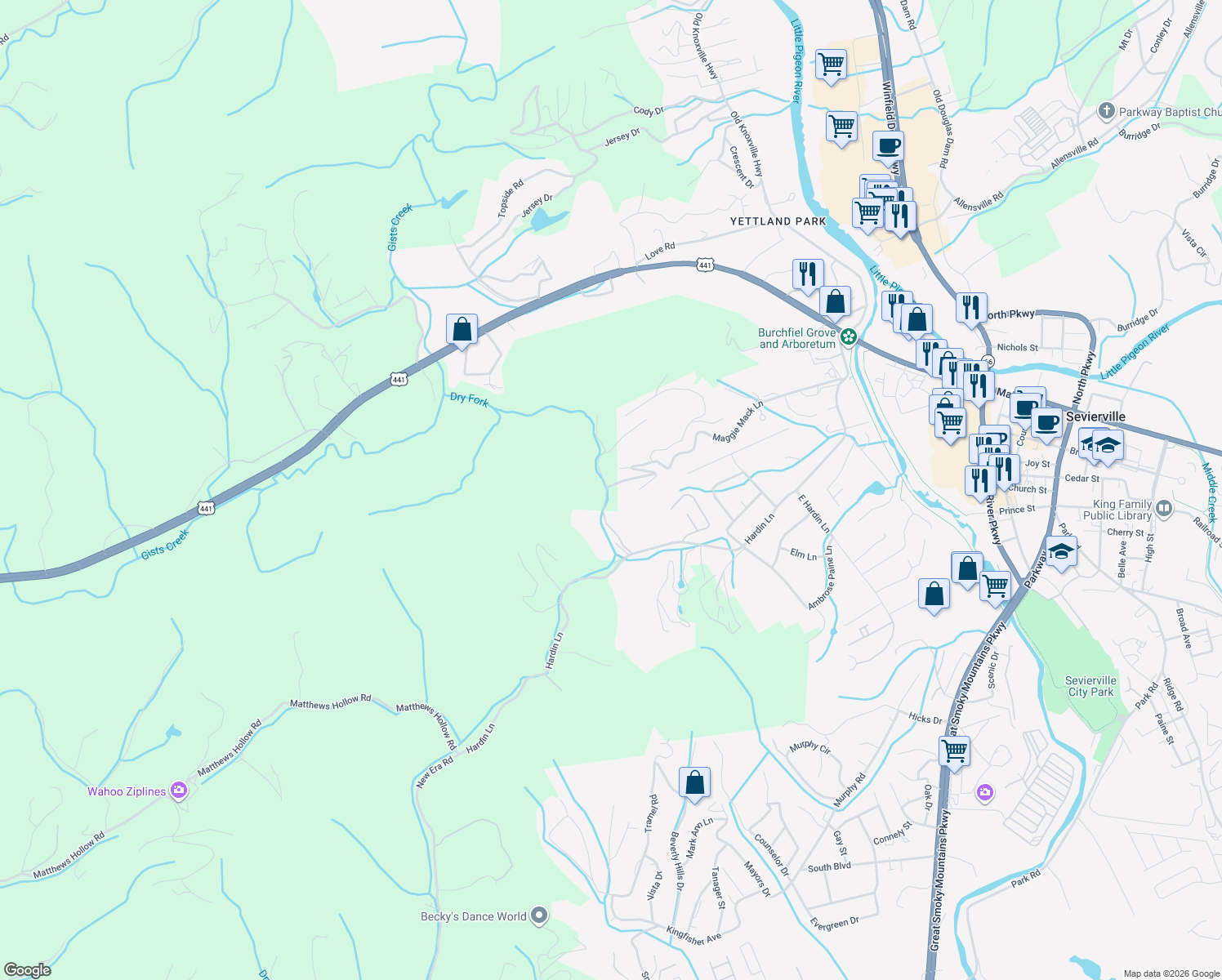 map of restaurants, bars, coffee shops, grocery stores, and more near 859 Cabin Creek Way in Sevierville