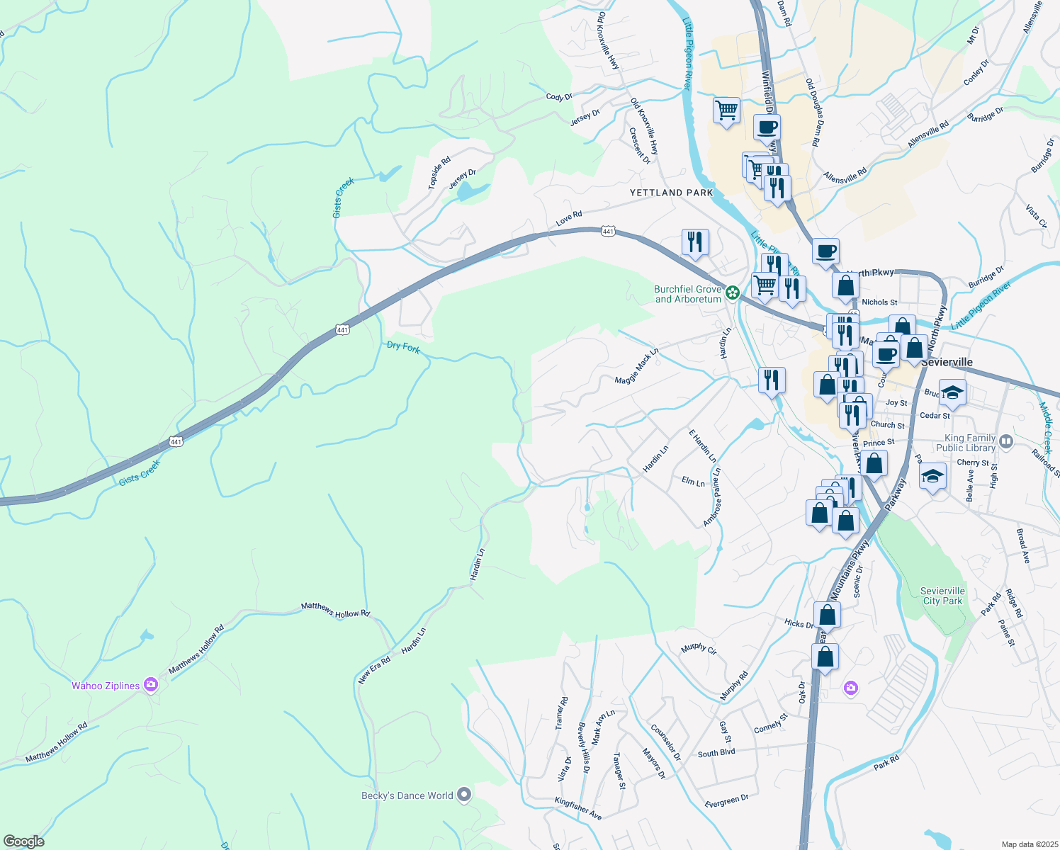 map of restaurants, bars, coffee shops, grocery stores, and more near 859 Cabin Creek Way in Sevierville