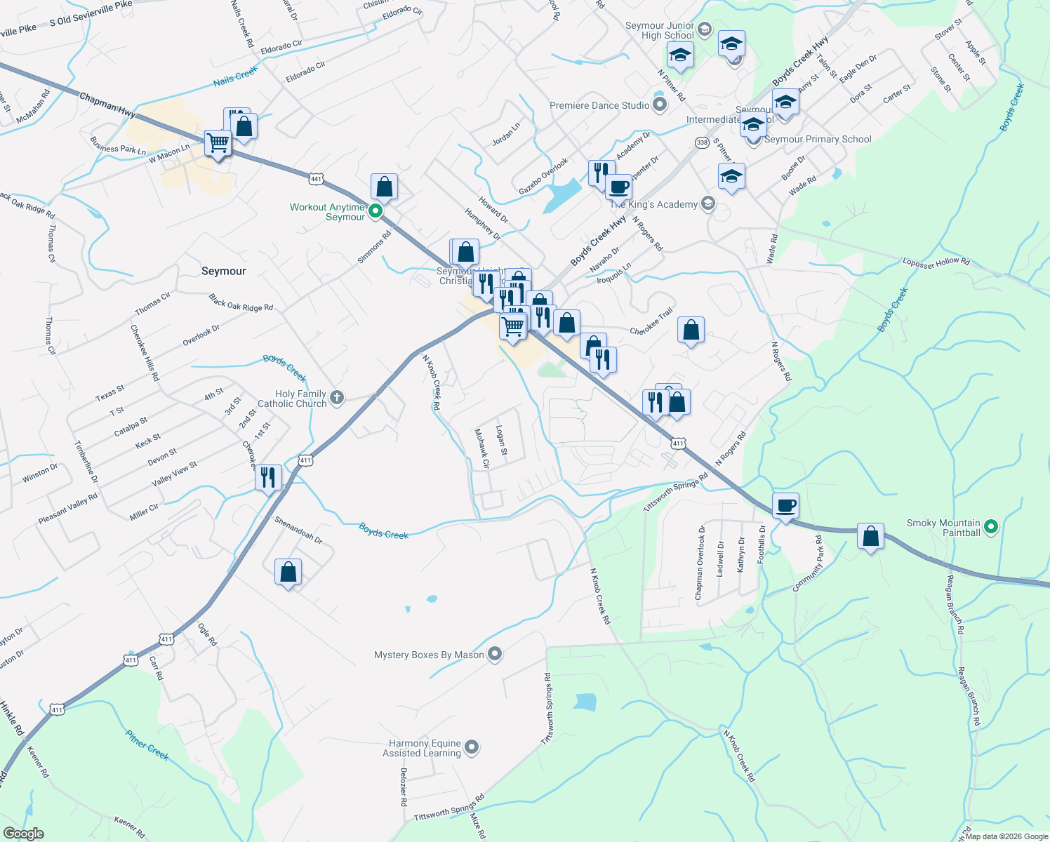 map of restaurants, bars, coffee shops, grocery stores, and more near 232 Mohawk Cir in Seymour