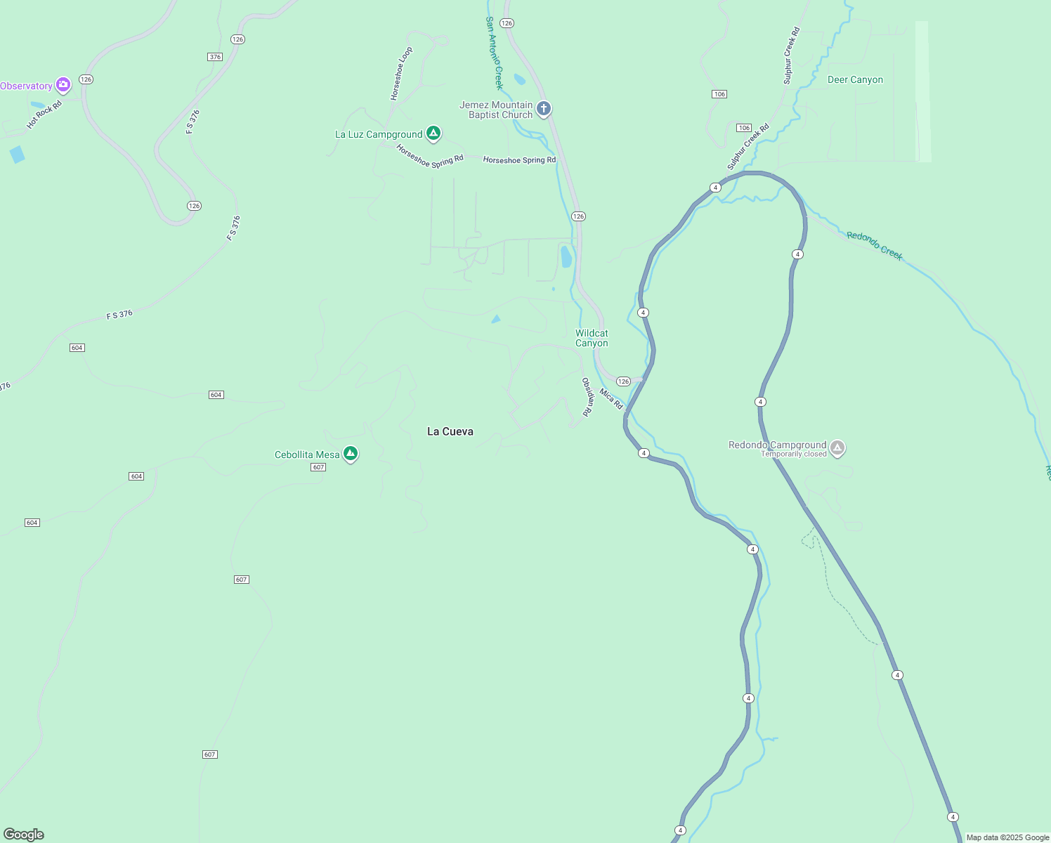 map of restaurants, bars, coffee shops, grocery stores, and more near 95 Obsidian Road in Jemez Springs