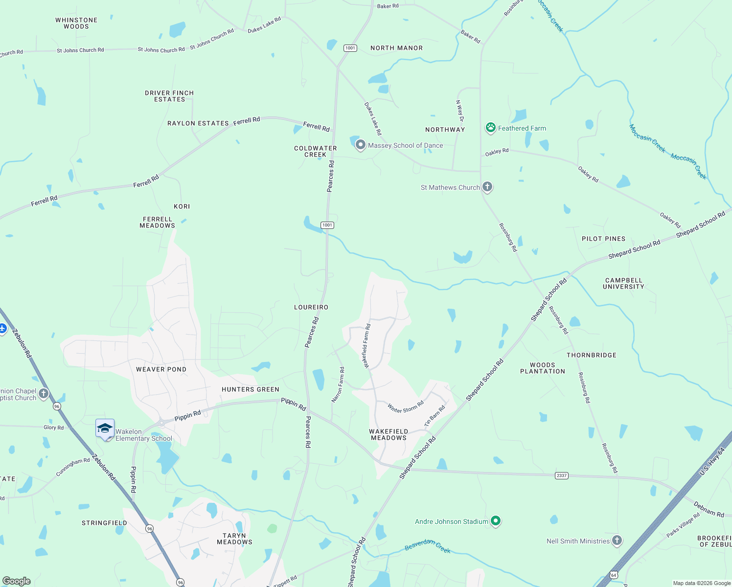 map of restaurants, bars, coffee shops, grocery stores, and more near 1409 Wakefield Farm Road in Zebulon