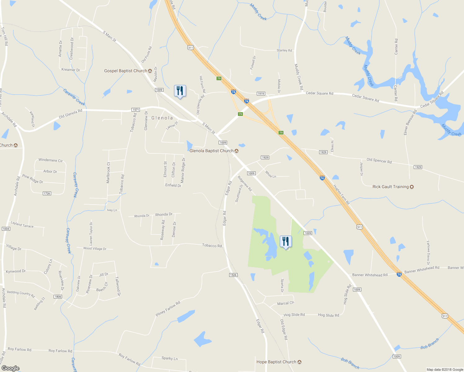 map of restaurants, bars, coffee shops, grocery stores, and more near 5710 Edgar Road in Archdale
