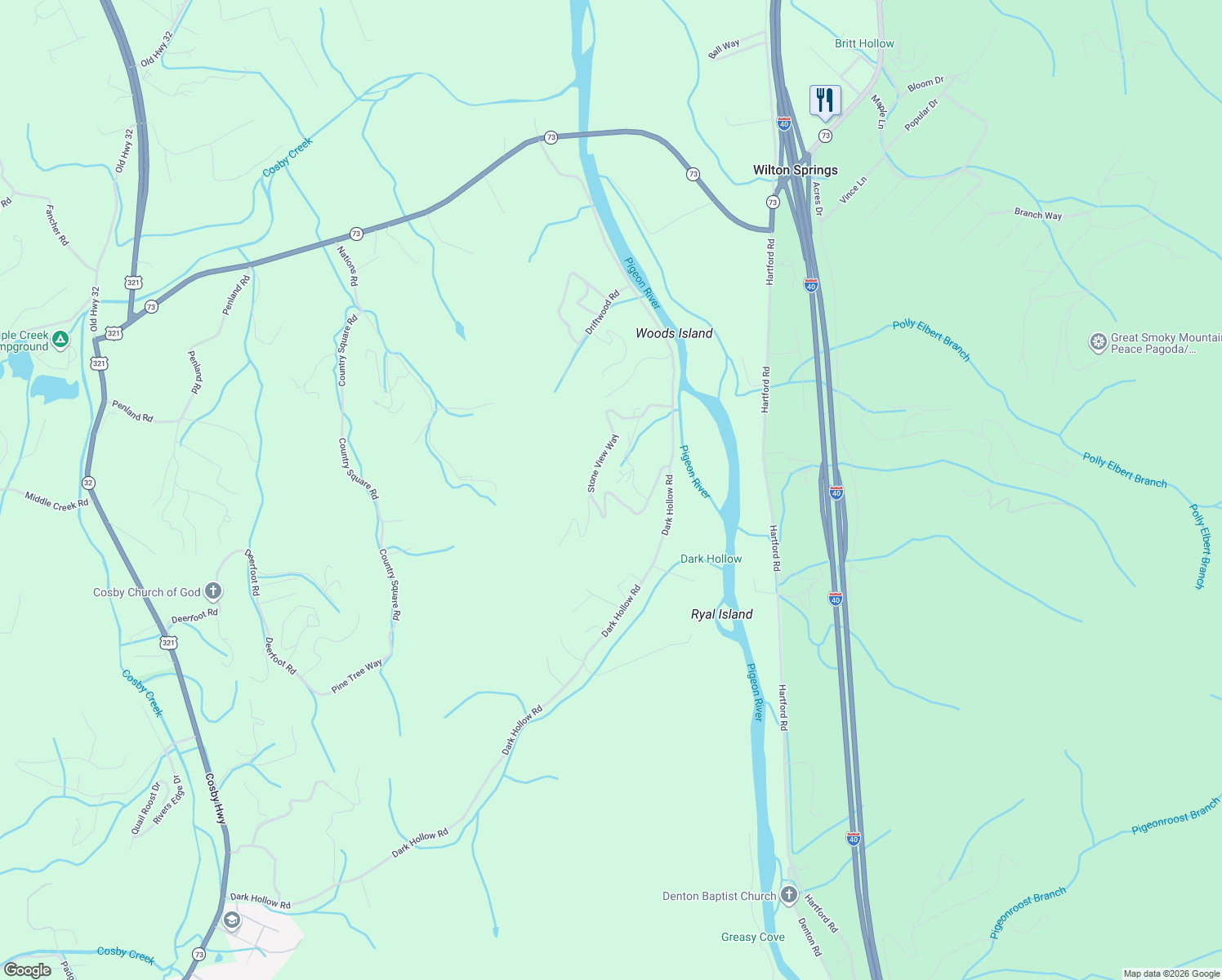 map of restaurants, bars, coffee shops, grocery stores, and more near 423 Grand View Way in Cosby
