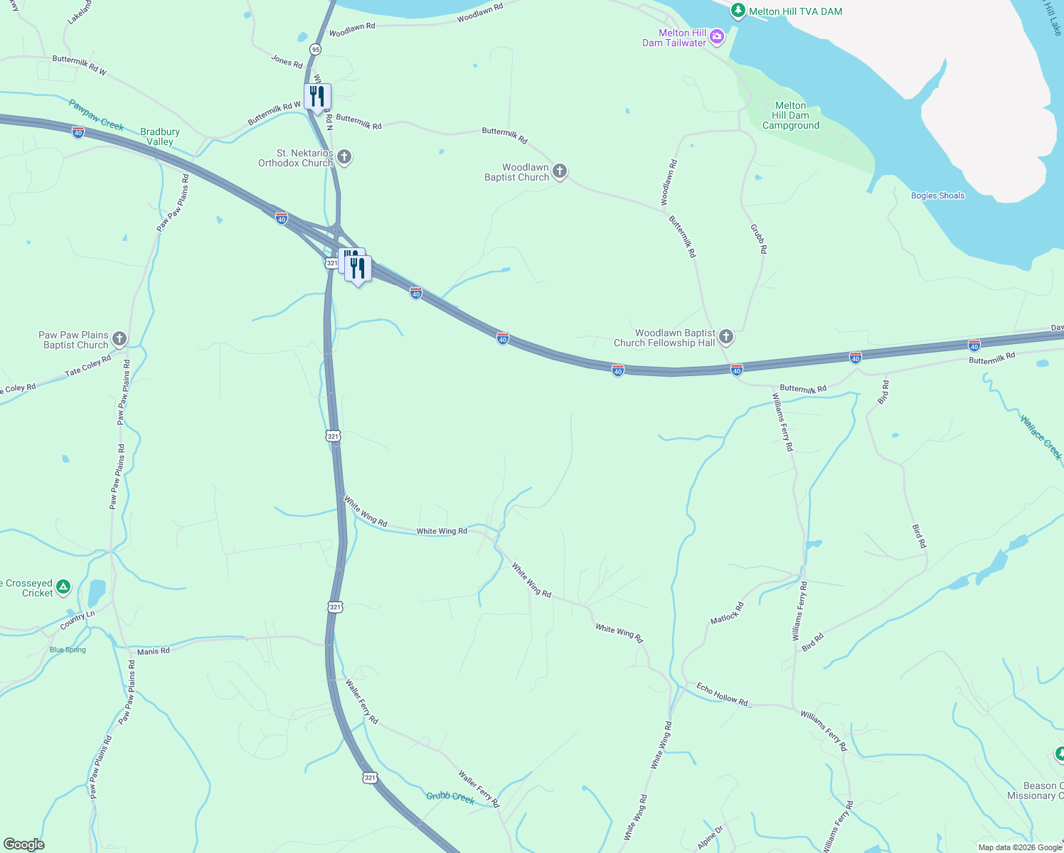 map of restaurants, bars, coffee shops, grocery stores, and more near Interstate 40 in Lenoir City