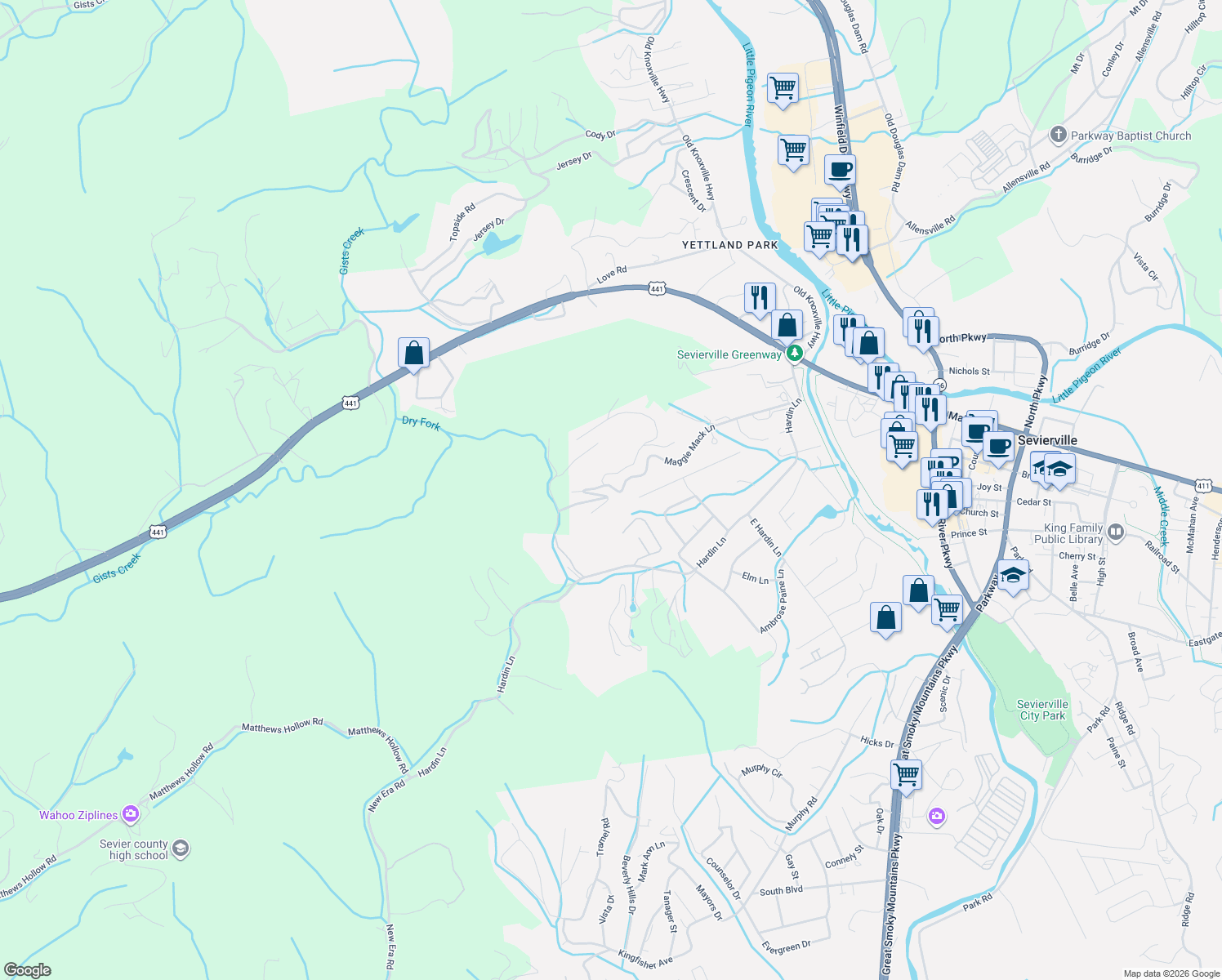 map of restaurants, bars, coffee shops, grocery stores, and more near 432 Maggie Mack Lane in Sevierville