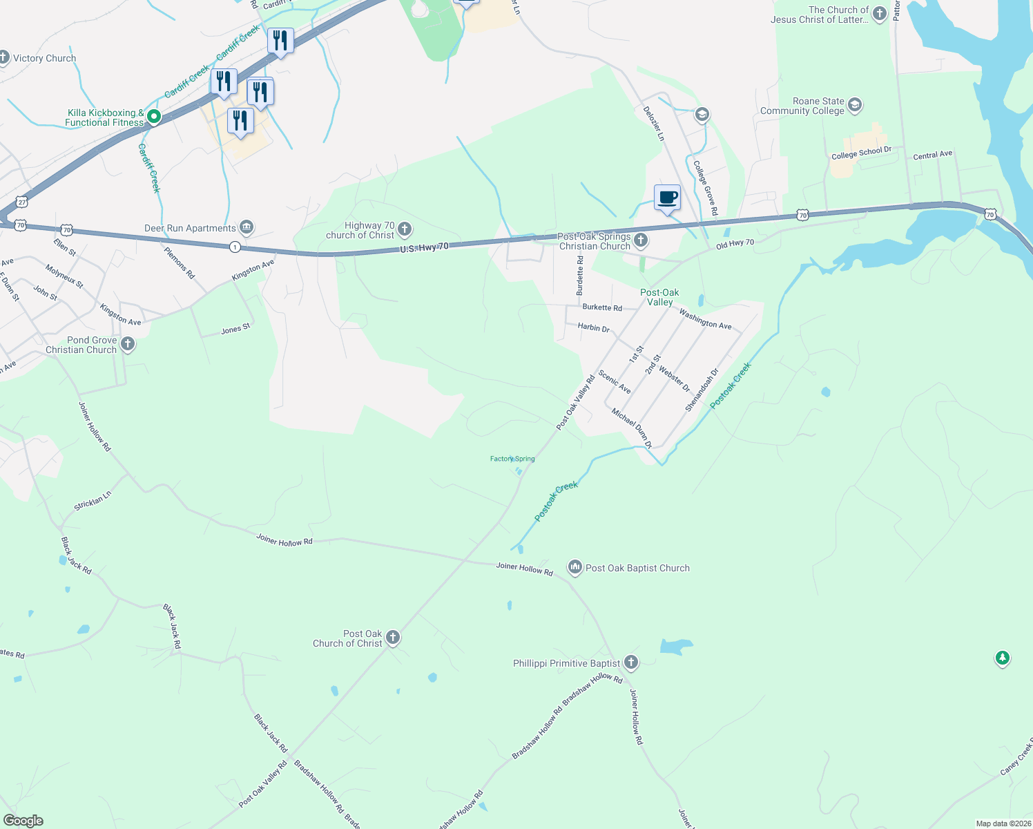 map of restaurants, bars, coffee shops, grocery stores, and more near 118 Dan Circle in Rockwood