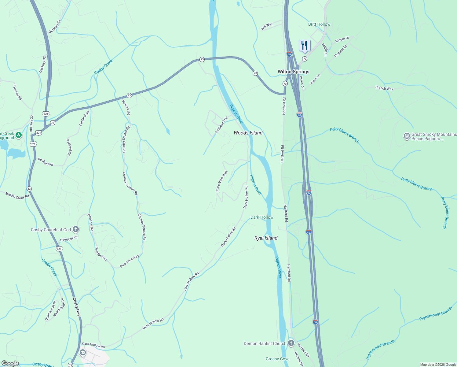 map of restaurants, bars, coffee shops, grocery stores, and more near 2188 Stone View Way in Cosby