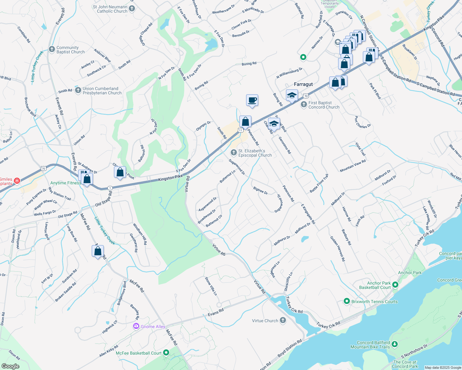 map of restaurants, bars, coffee shops, grocery stores, and more near 204 Candlenut Lane in Knoxville