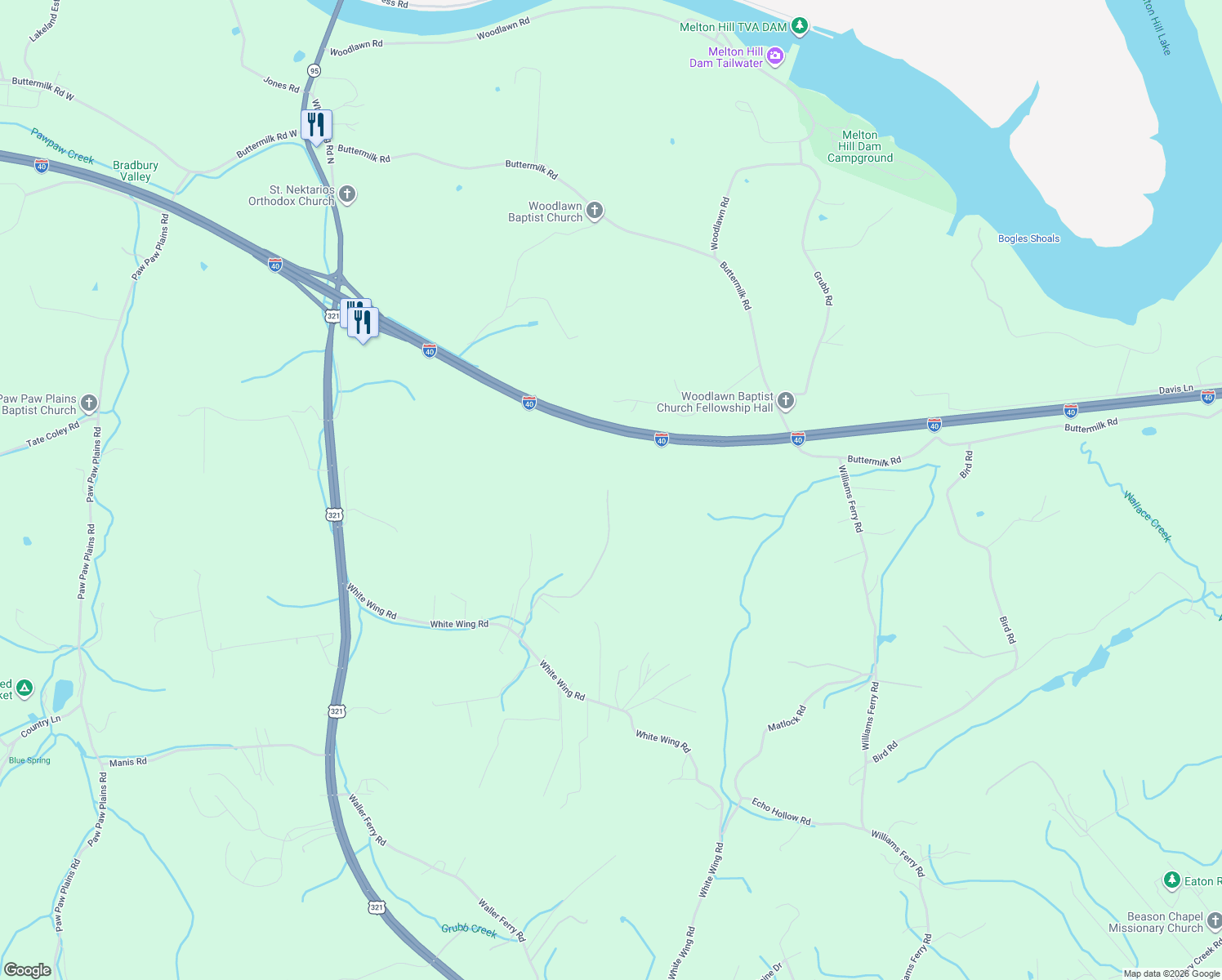 map of restaurants, bars, coffee shops, grocery stores, and more near Interstate 40 in Lenoir City