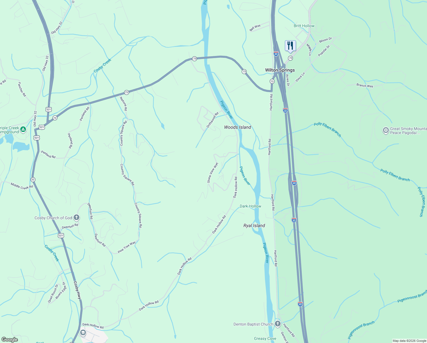 map of restaurants, bars, coffee shops, grocery stores, and more near 2188 Stone View Way in Cosby