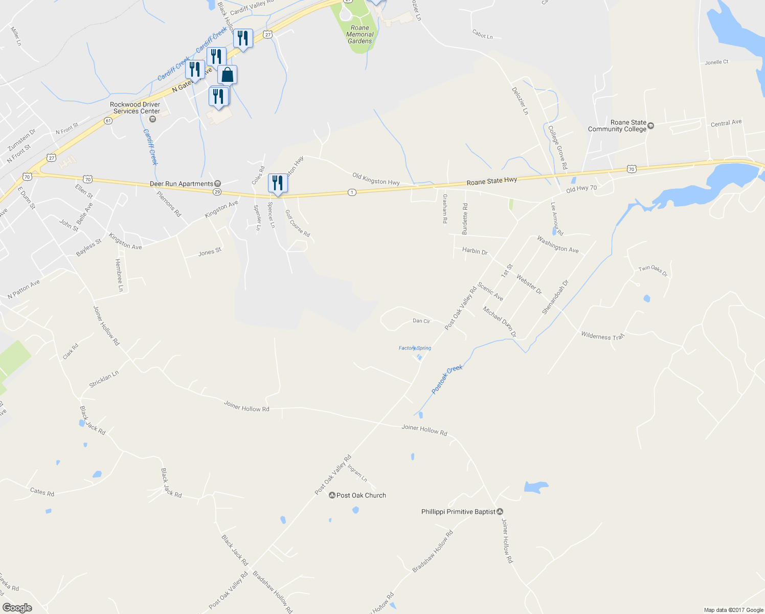 map of restaurants, bars, coffee shops, grocery stores, and more near 250 Dan Circle in Rockwood