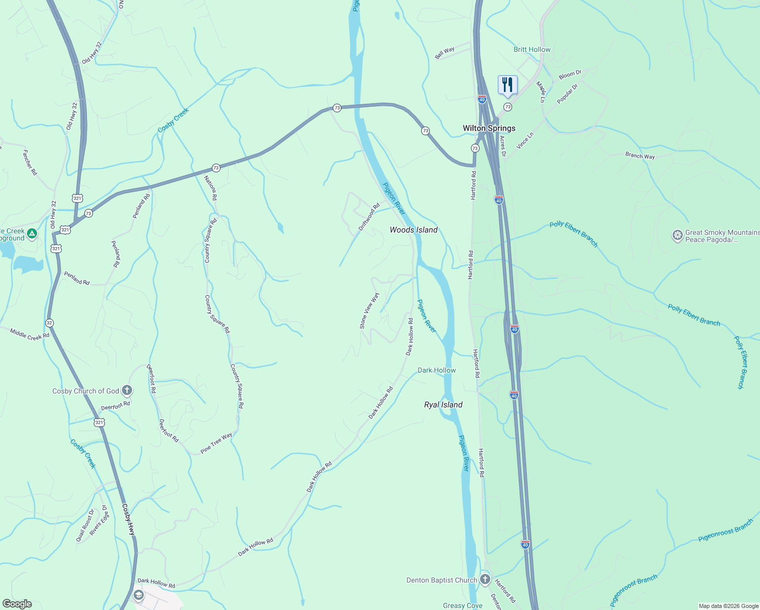 map of restaurants, bars, coffee shops, grocery stores, and more near 2188 Stone View Way in Cosby