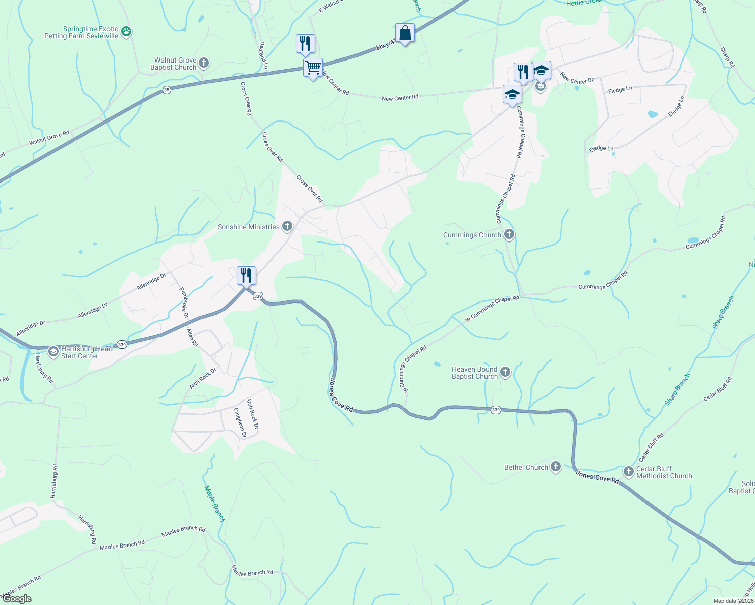 map of restaurants, bars, coffee shops, grocery stores, and more near 2464 Amanda Lane in Sevierville