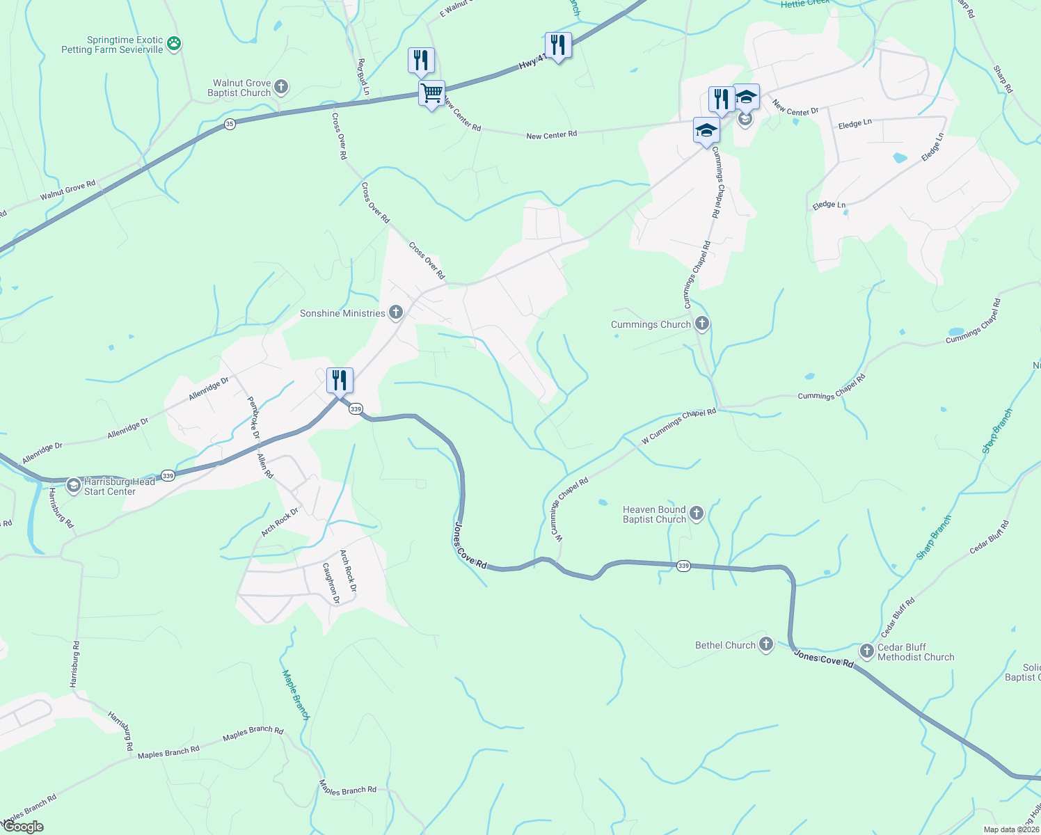 map of restaurants, bars, coffee shops, grocery stores, and more near 2464 Amanda Lane in Sevierville