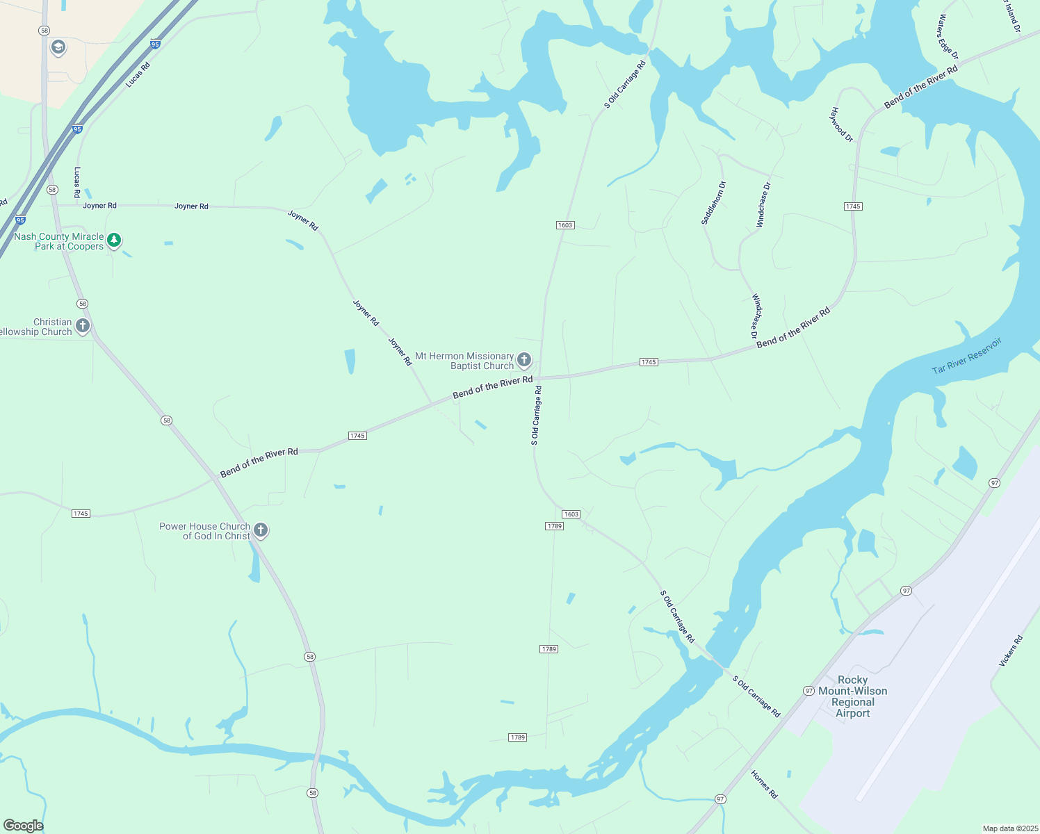 map of restaurants, bars, coffee shops, grocery stores, and more near 7764 South Old Carriage Road in Rocky Mount