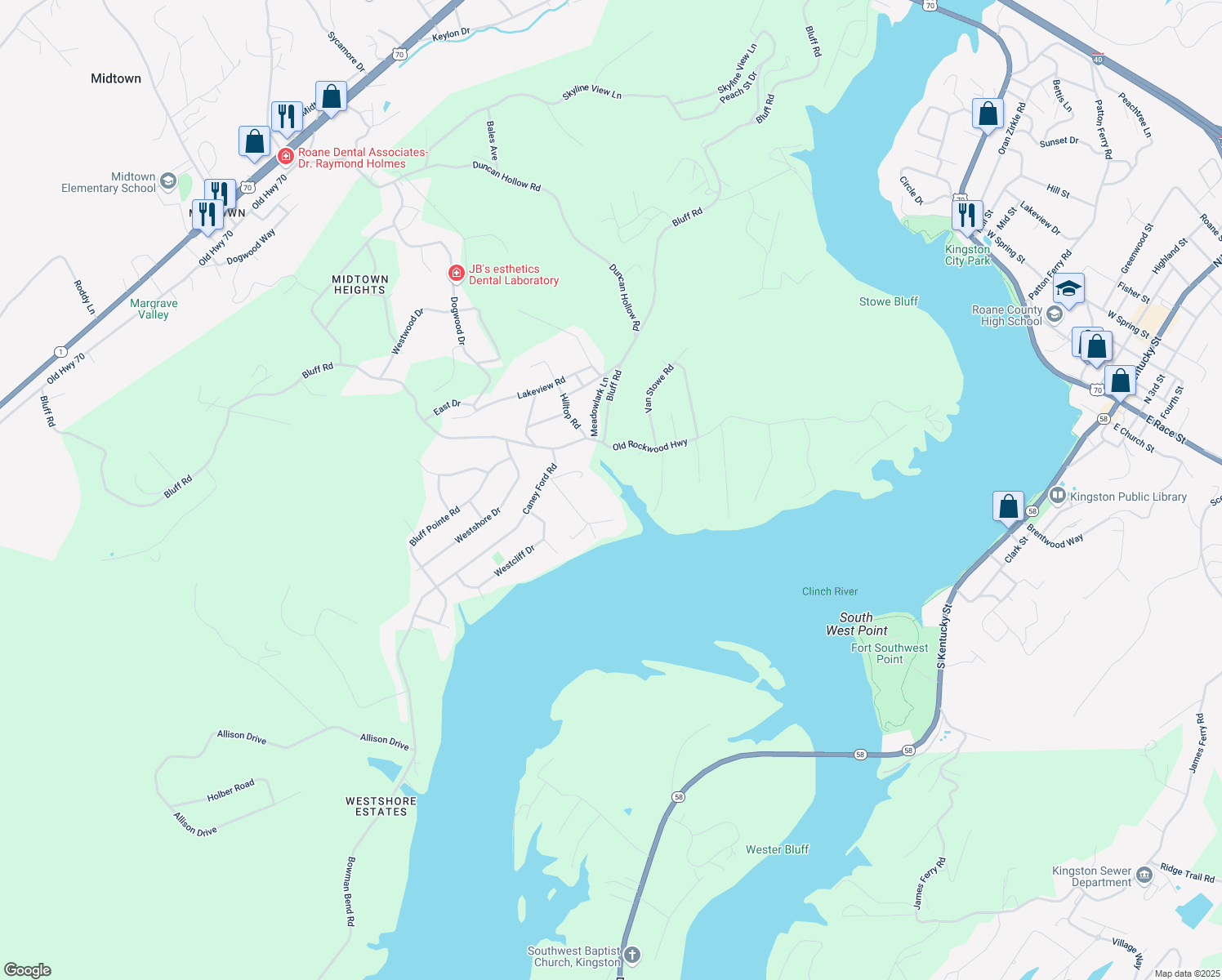 map of restaurants, bars, coffee shops, grocery stores, and more near 159 Rebel Rd in Harriman