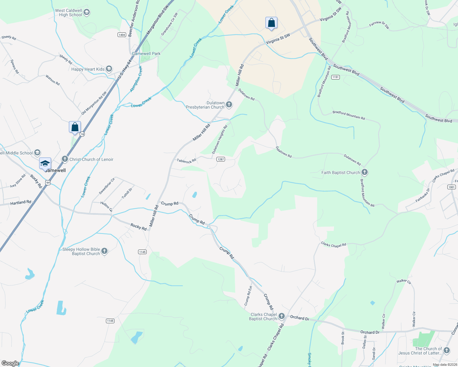 map of restaurants, bars, coffee shops, grocery stores, and more near 2088 Tate Place in Lenoir
