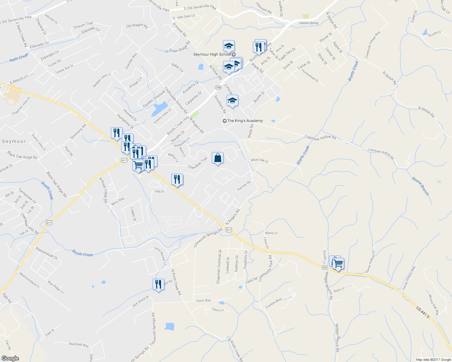 map of restaurants, bars, coffee shops, grocery stores, and more near 301 Sky Valley Court in Seymour