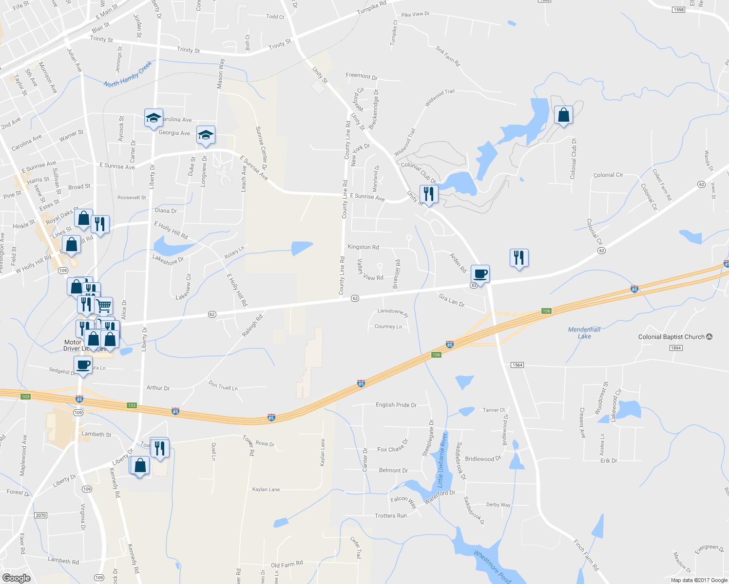 map of restaurants, bars, coffee shops, grocery stores, and more near 4169 North Carolina 62 in Thomasville