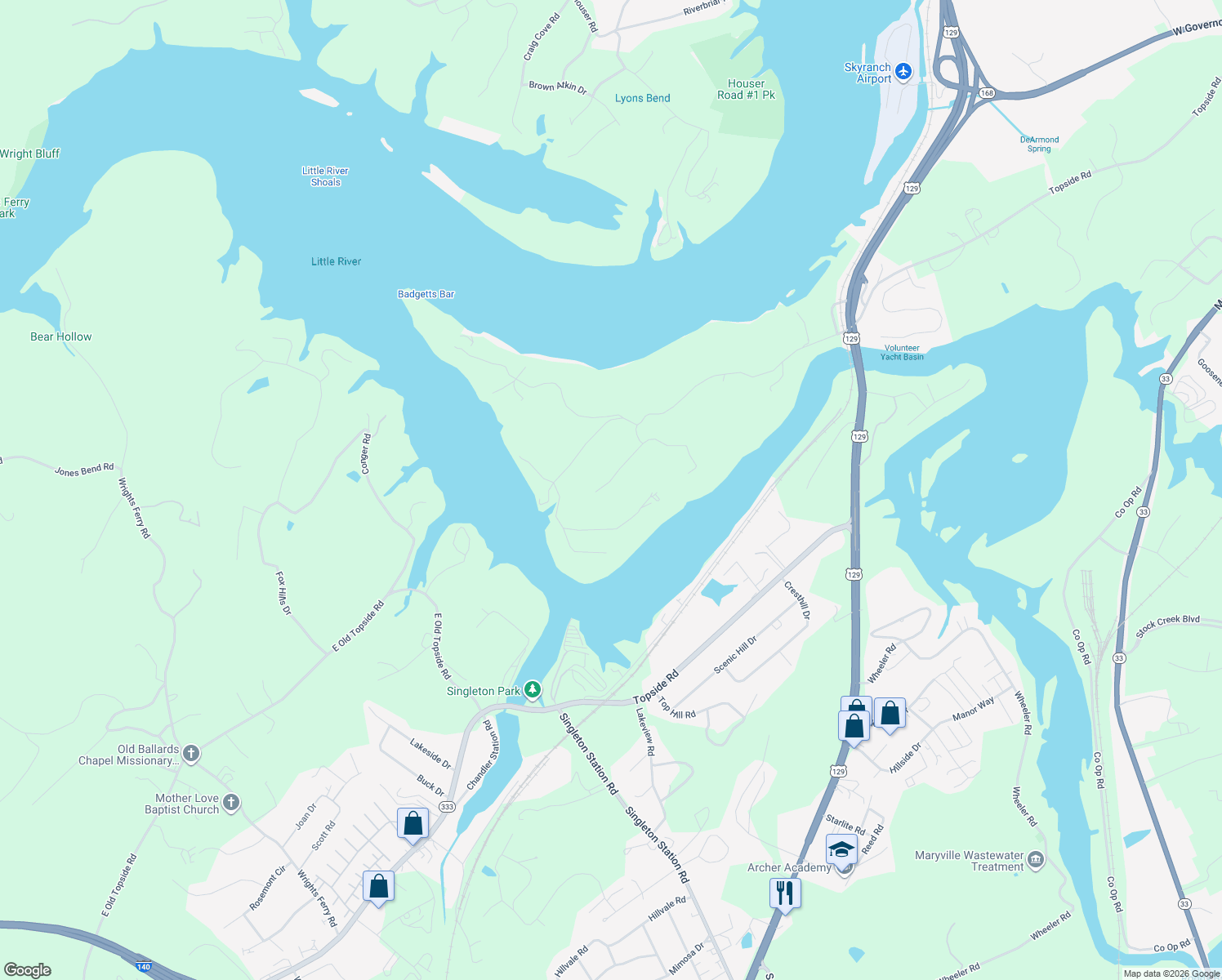map of restaurants, bars, coffee shops, grocery stores, and more near 7505 Little River Drive in Knoxville