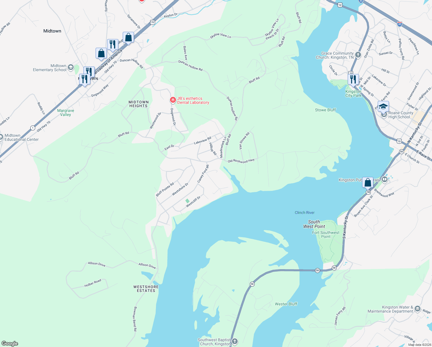map of restaurants, bars, coffee shops, grocery stores, and more near 109 Rebel Rd in Harriman