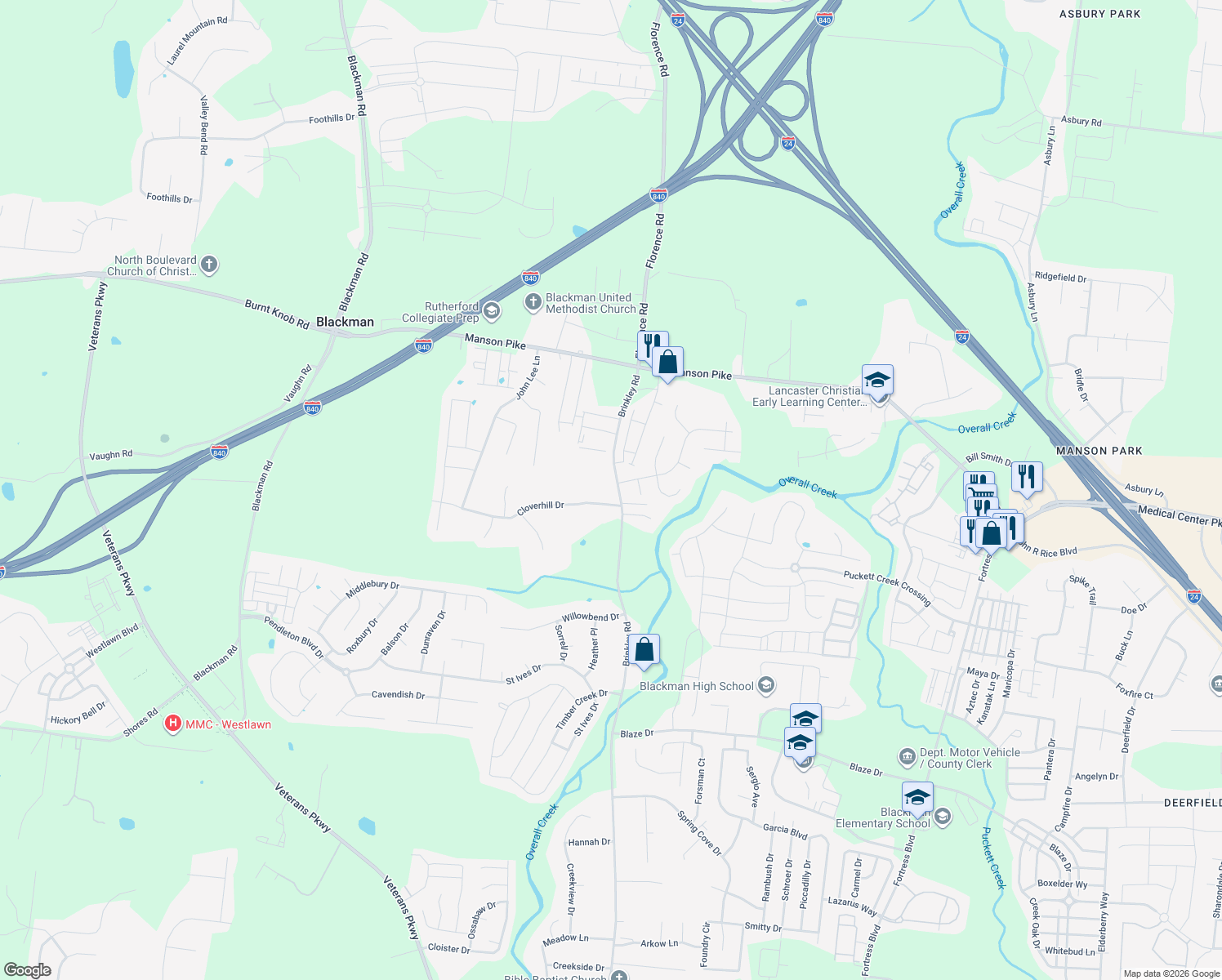map of restaurants, bars, coffee shops, grocery stores, and more near 1447 Brinkley Road in Murfreesboro