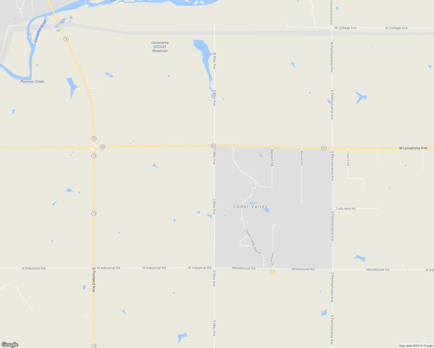 map of restaurants, bars, coffee shops, grocery stores, and more near 1050 South May Avenue in Guthrie