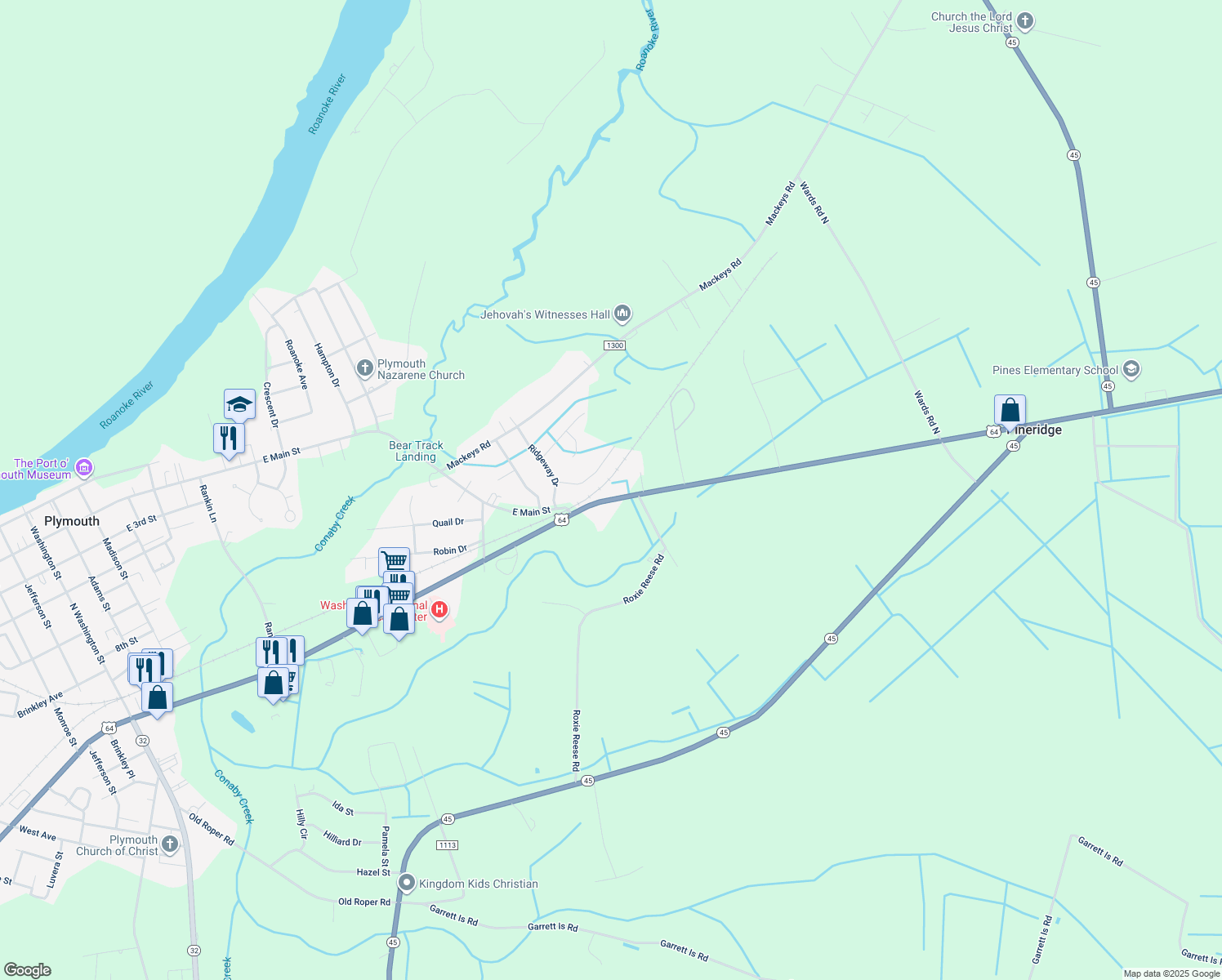map of restaurants, bars, coffee shops, grocery stores, and more near 1577 U.S. 64 in Plymouth