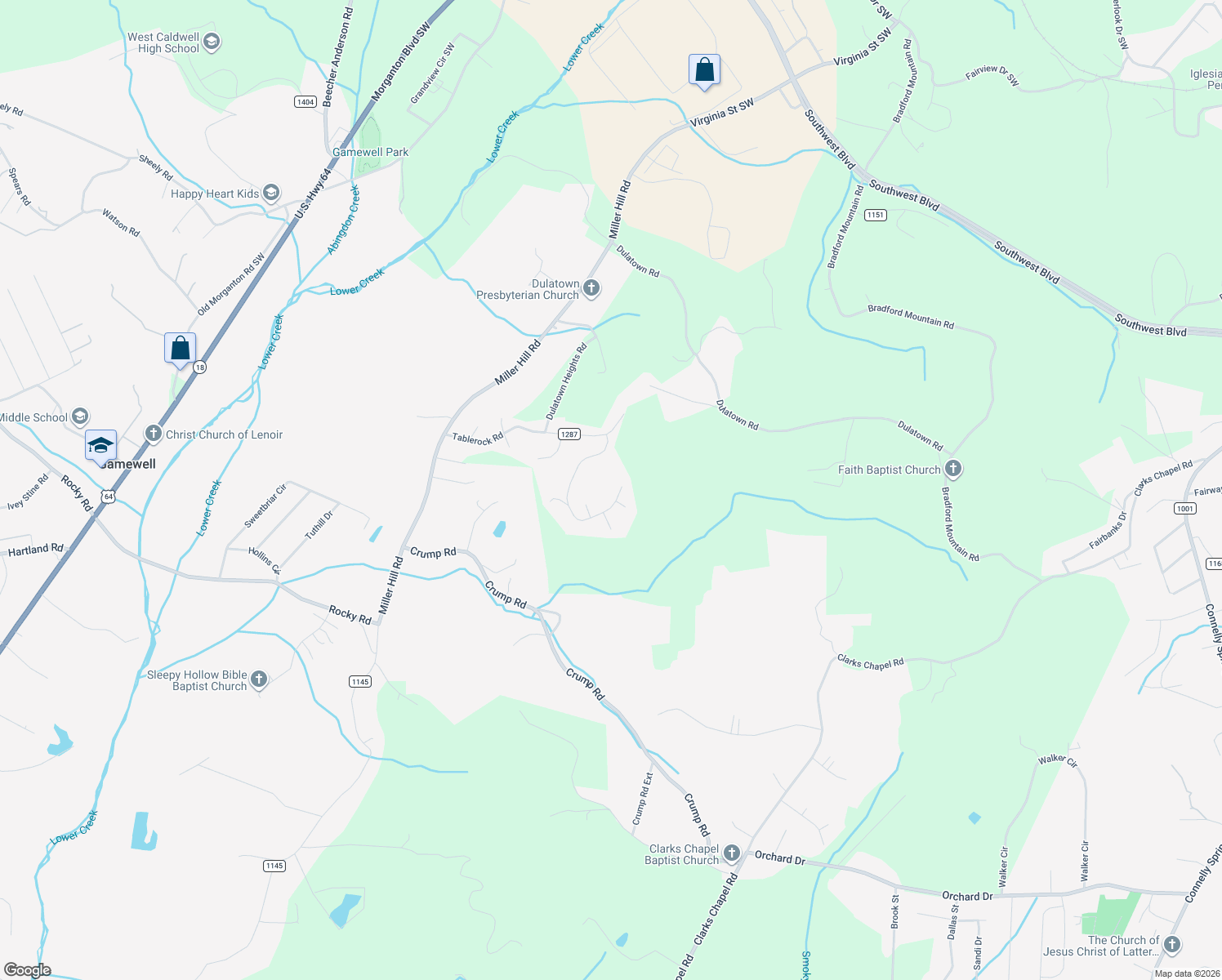 map of restaurants, bars, coffee shops, grocery stores, and more near 2088 Tate Place in Lenoir
