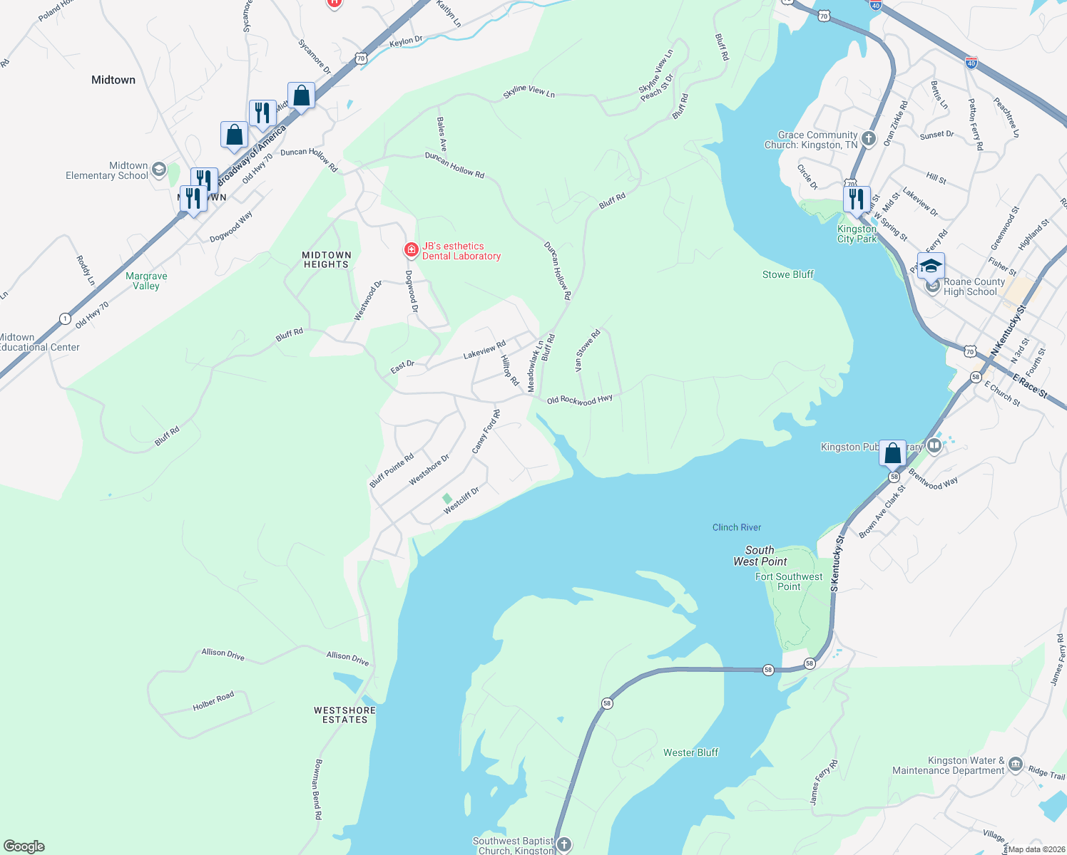 map of restaurants, bars, coffee shops, grocery stores, and more near 109 Rebel Road in Harriman