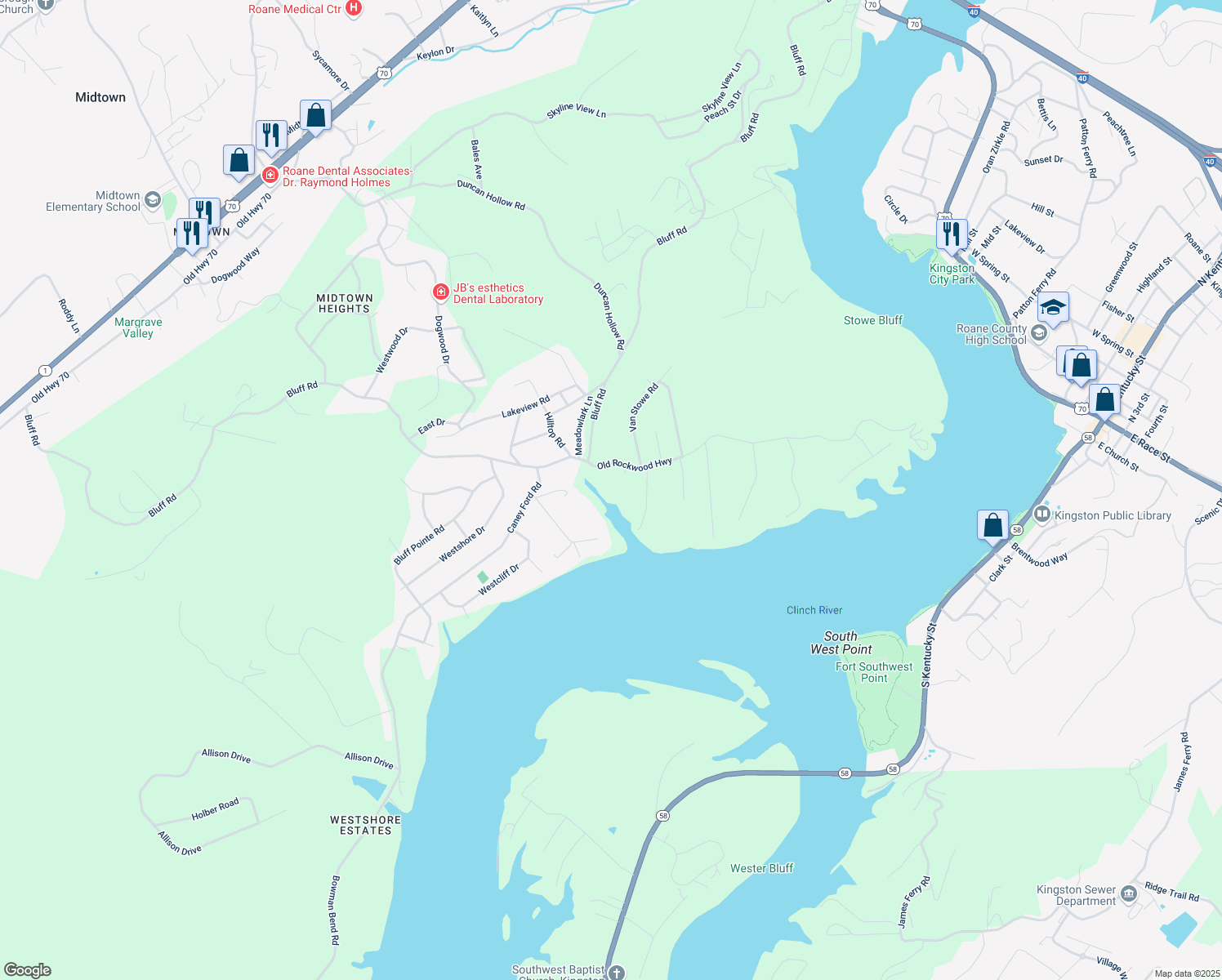 map of restaurants, bars, coffee shops, grocery stores, and more near 159 Rebel Road in Harriman