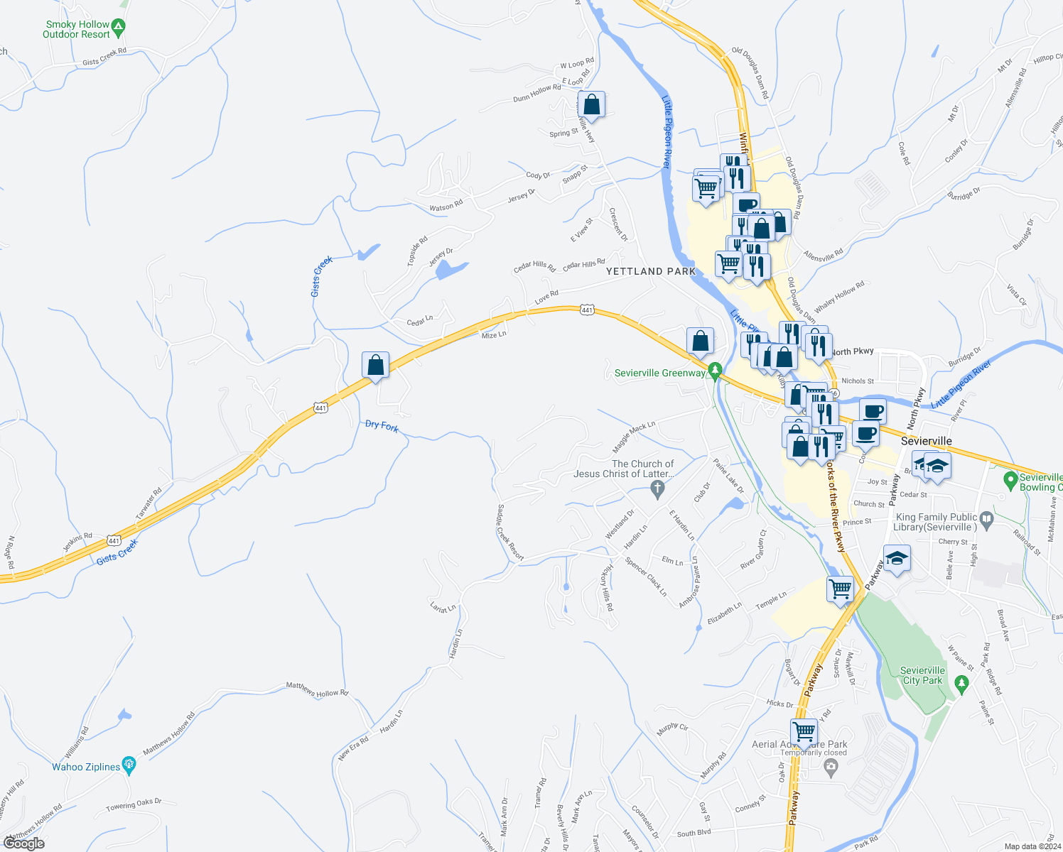 map of restaurants, bars, coffee shops, grocery stores, and more near 317 Saddleback Way in Sevierville
