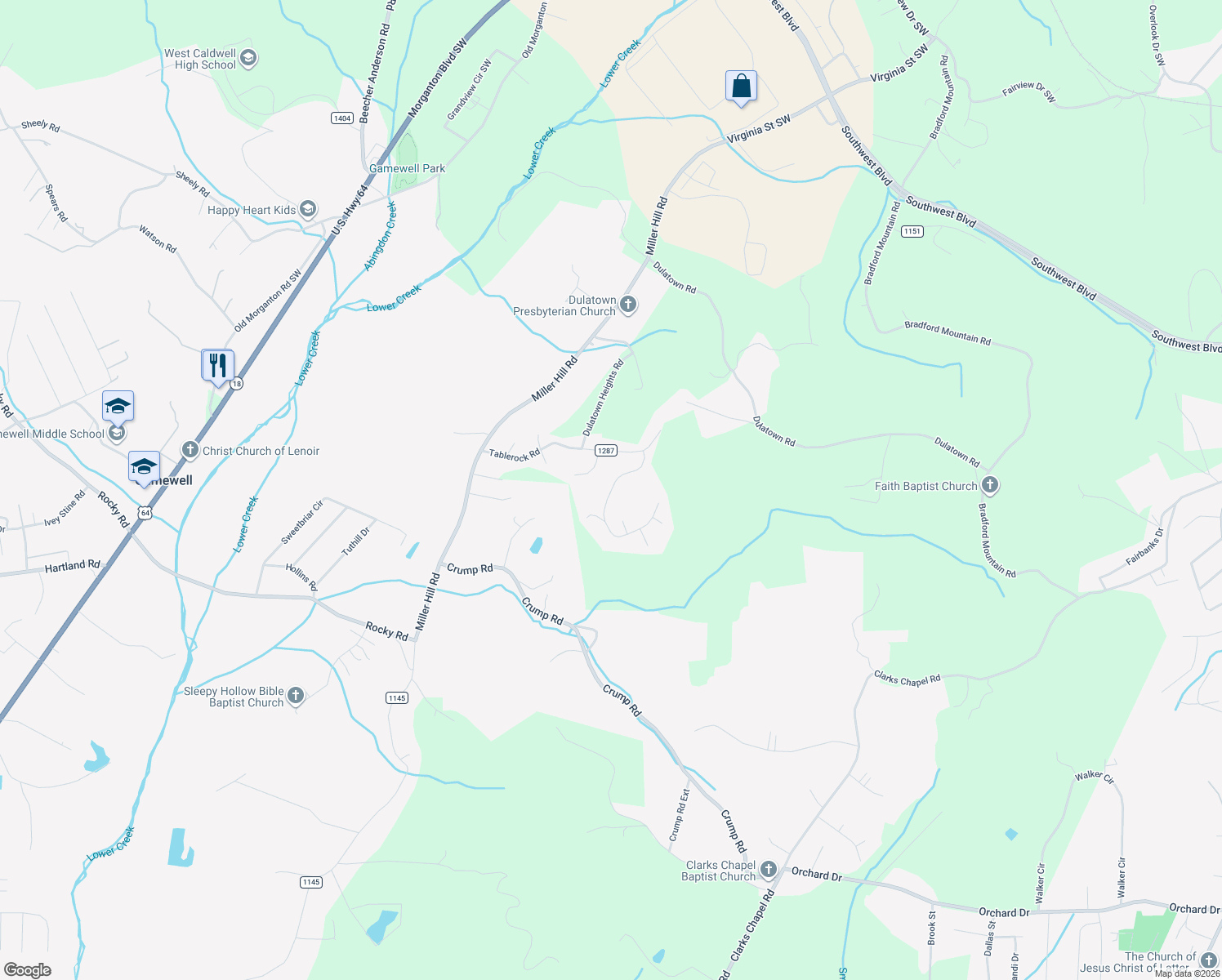 map of restaurants, bars, coffee shops, grocery stores, and more near 2239 Staircase Road in Lenoir